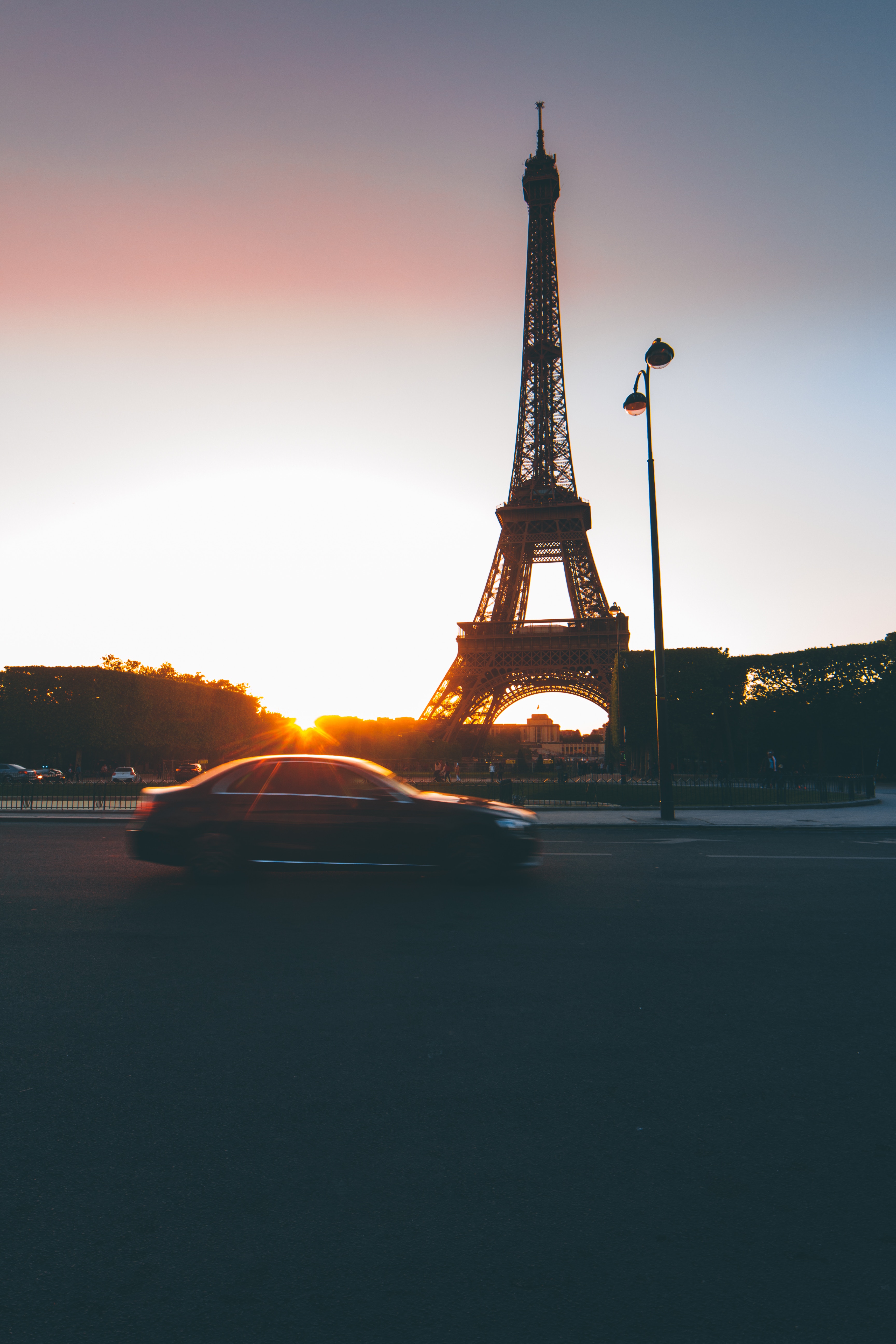 paris, cities, sunset, eiffel tower, car, traffic, movement, france lock screen backgrounds
