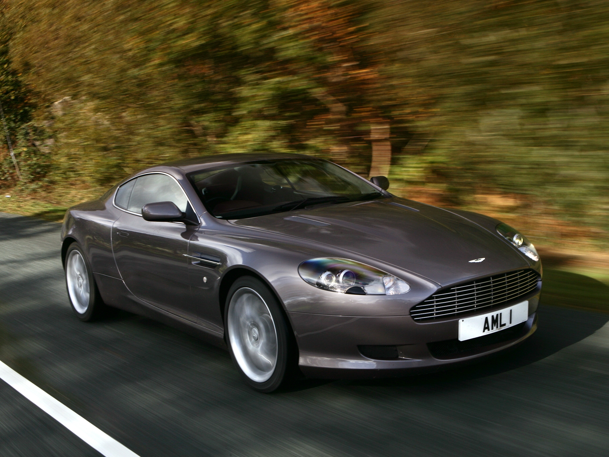 Download mobile wallpaper 2004, Db9, Aston Martin, Style, Speed, Asphalt, Trees, Side View, Grey, Auto, Cars for free.