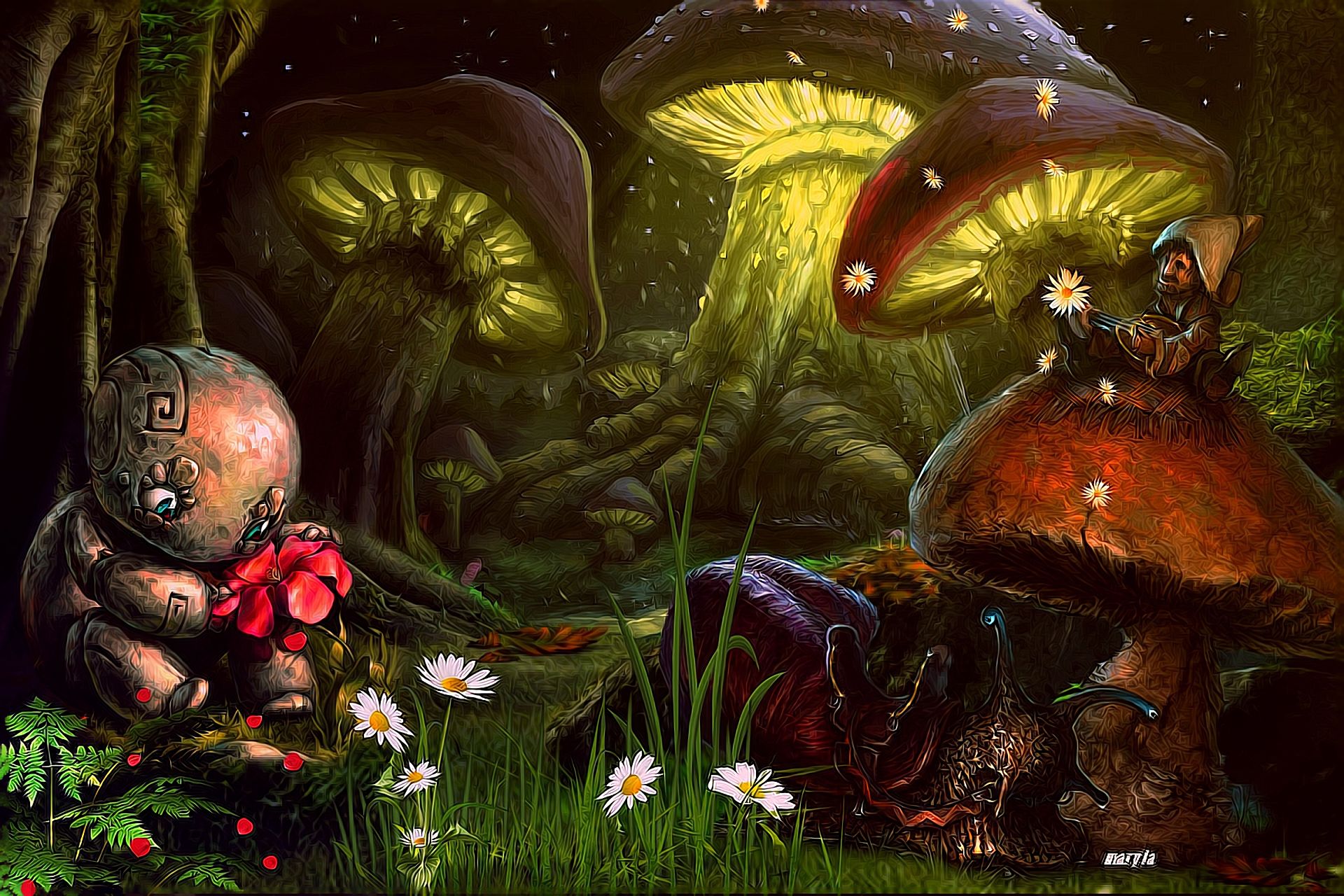 miniature, mushroom, fantasy, forest, flower 5K
