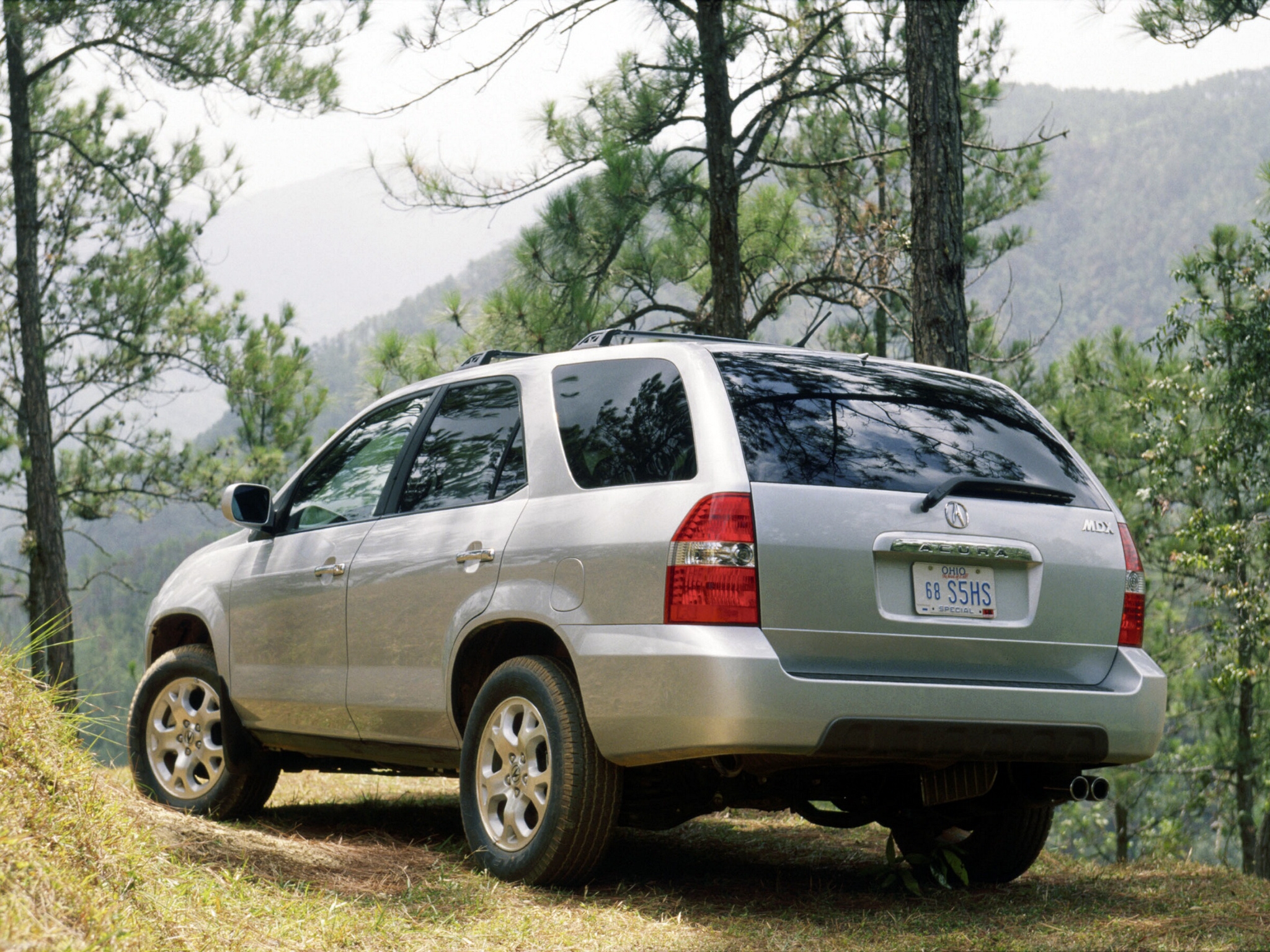 Download background auto, nature, acura, cars, forest, jeep, back view, rear view, silver metallic, mdx