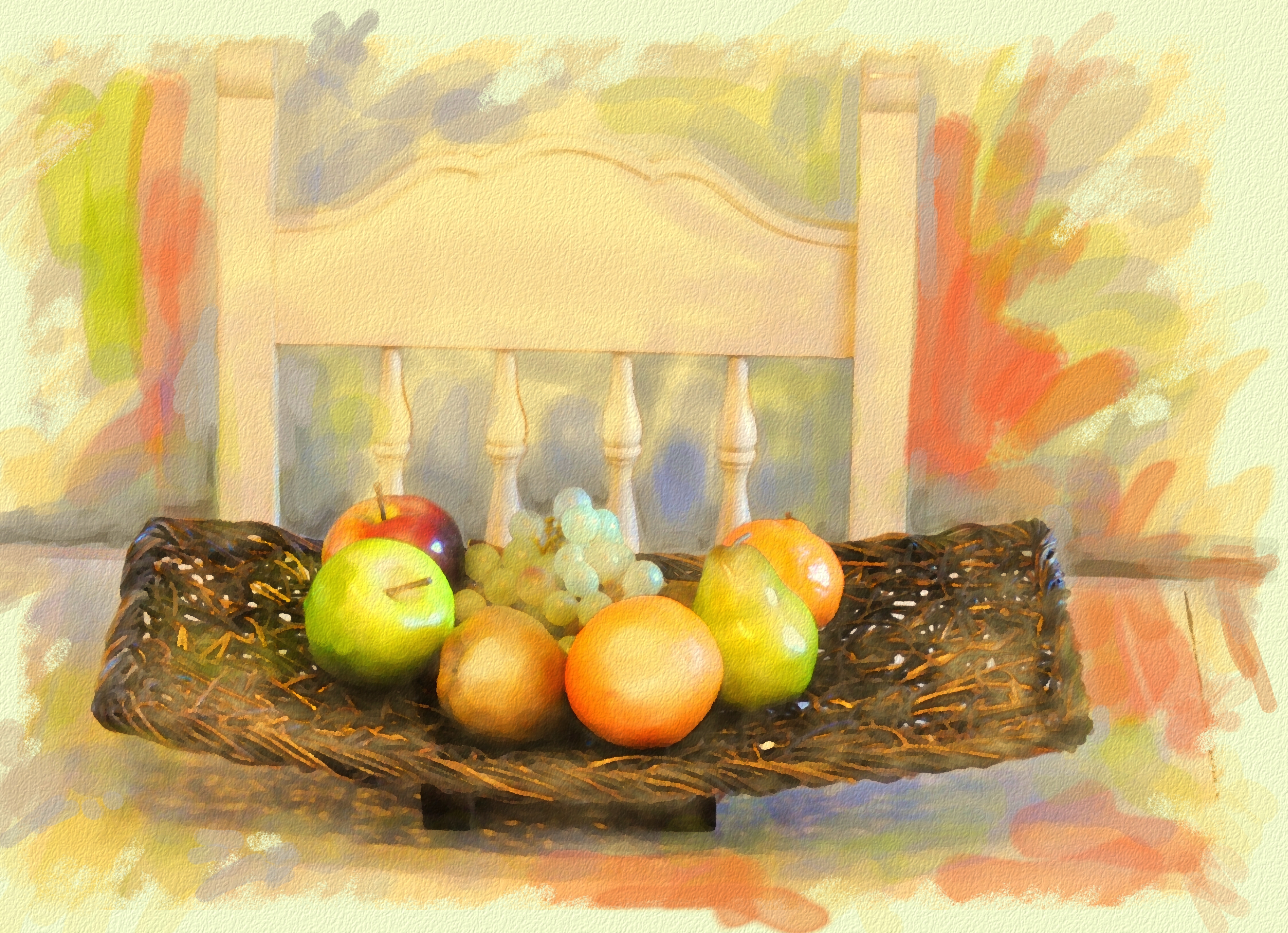 artistic, painting, basket, chair, colors, fruit, watercolor