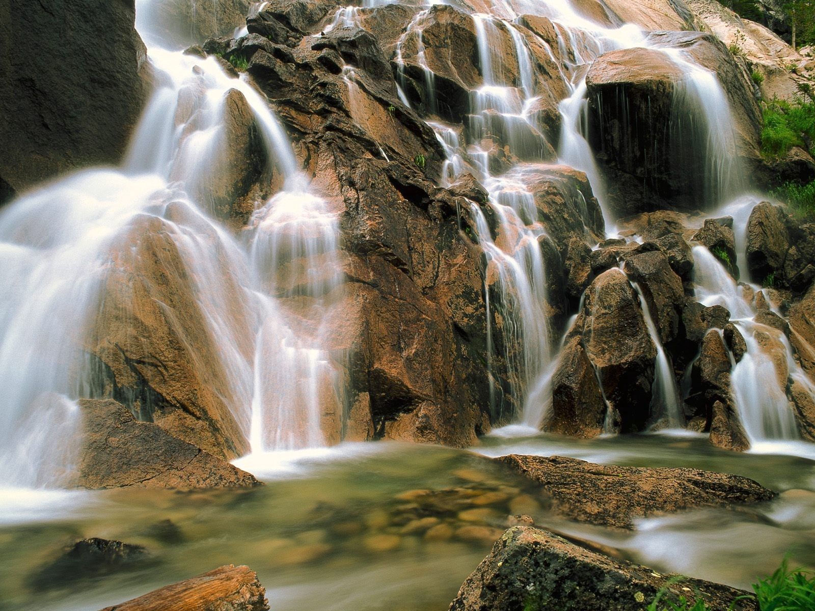 nature, stones, waterfall, cascades, greens HD wallpaper