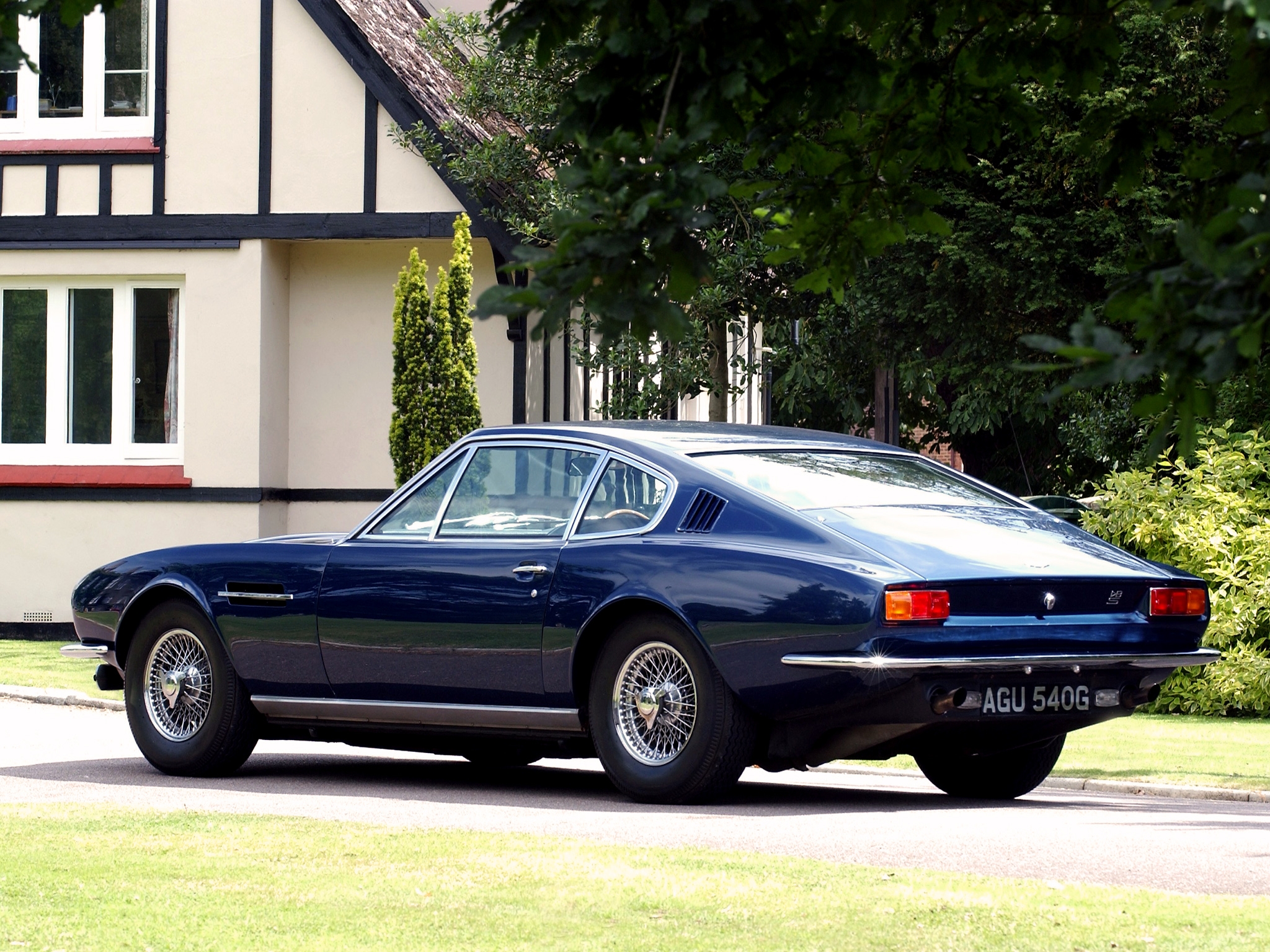 house, trees, aston martin, cars, blue, side view, style, 1967, retro, dbs