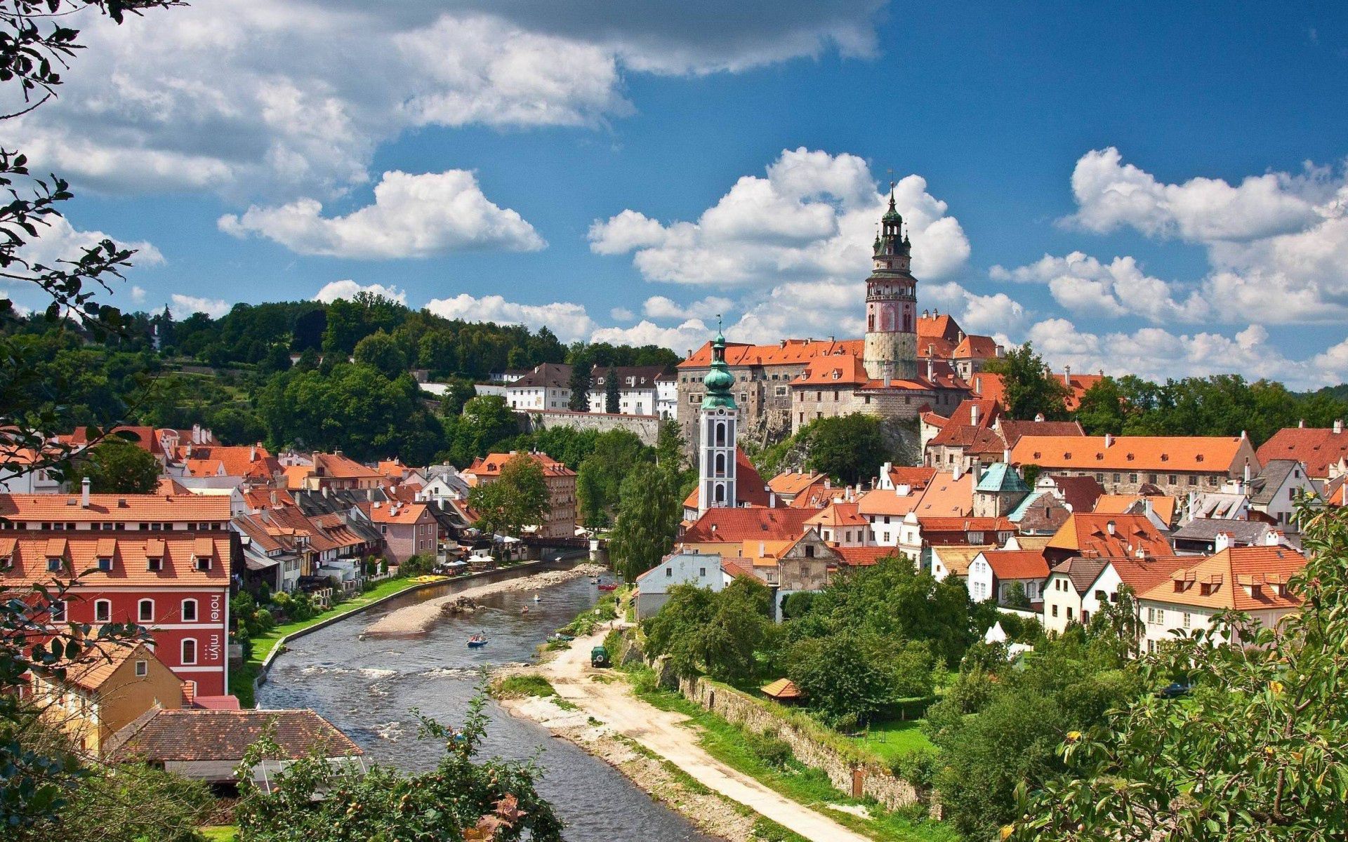 Free download wallpaper Rivers, Building, Czechia, Cities, Trees, Czech Republic on your PC desktop