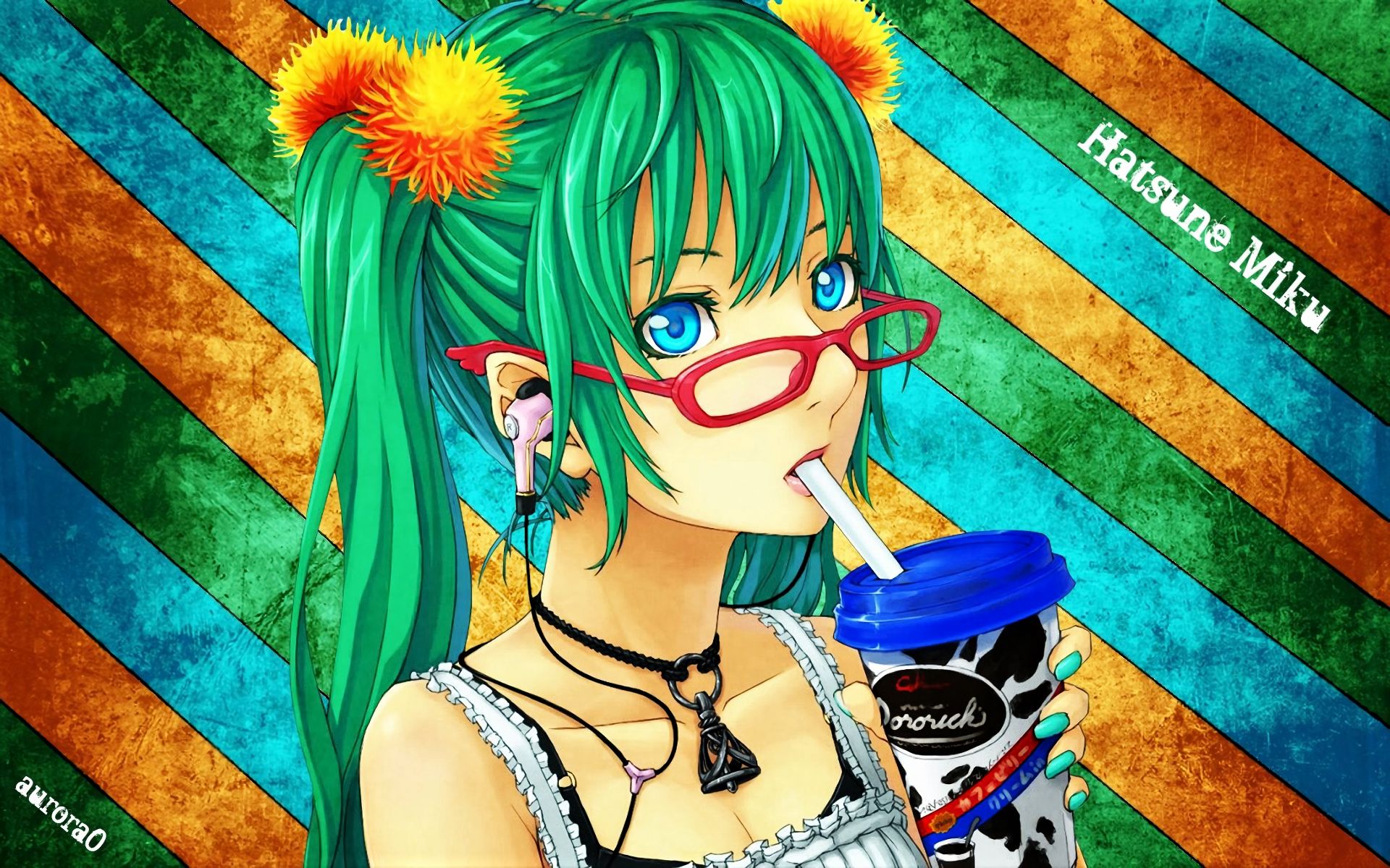 Аниме девушка с зелеными волосами в очках