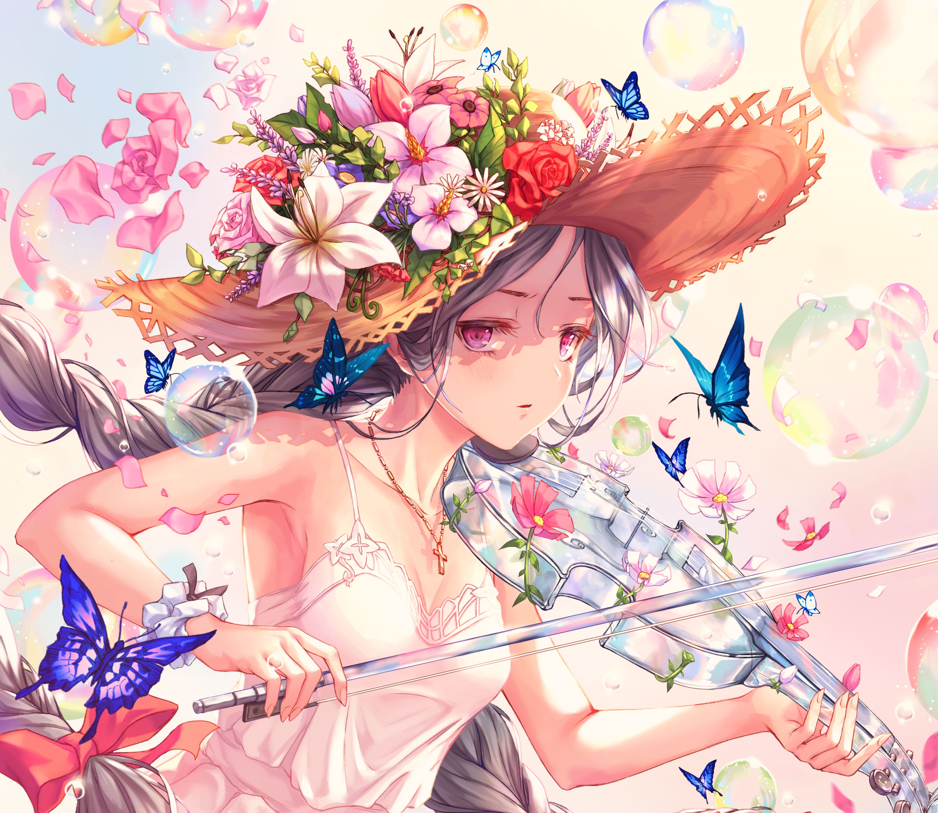 violin, anime, music, bubble, butterfly, flower, hat, long hair, necklace, pink eyes, twintails, violinist High Definition image