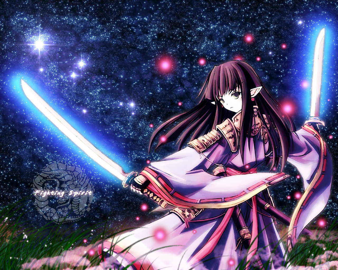 anime, women, fighting spirit, purple, space, star, sword 8K