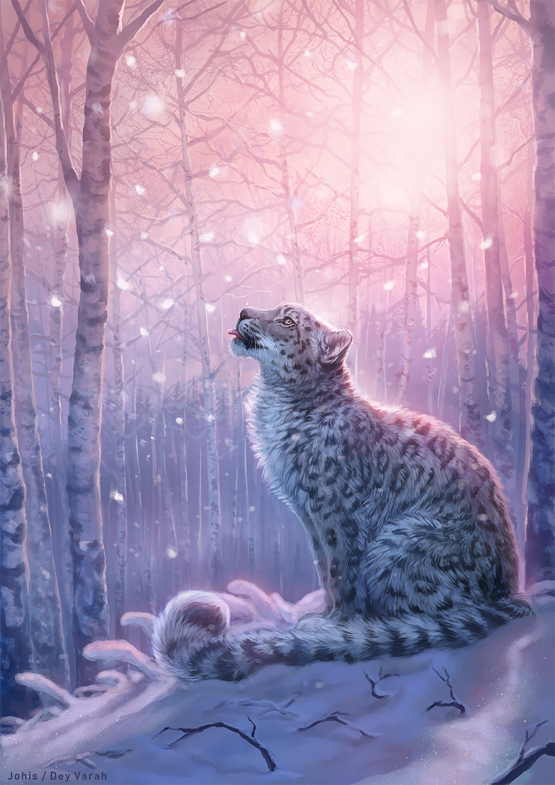 104785 Hintergrundbild herunterladen leopard, schneeleopard, kunst, schnee, wald, irbis - Bildschirmschoner und Bilder kostenlos