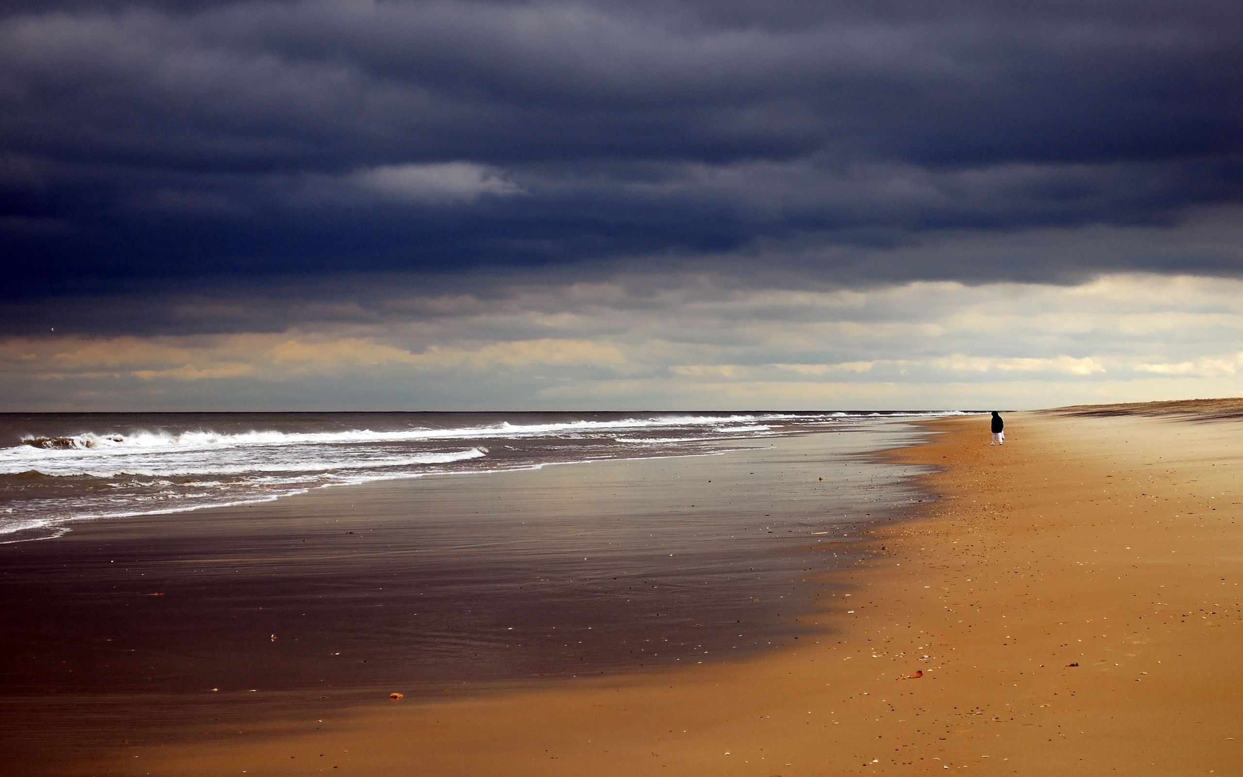 HD wallpaper nature, beach, sand, shore, bank, ocean, person, human, mainly cloudy, overcast, loneliness, void, emptiness