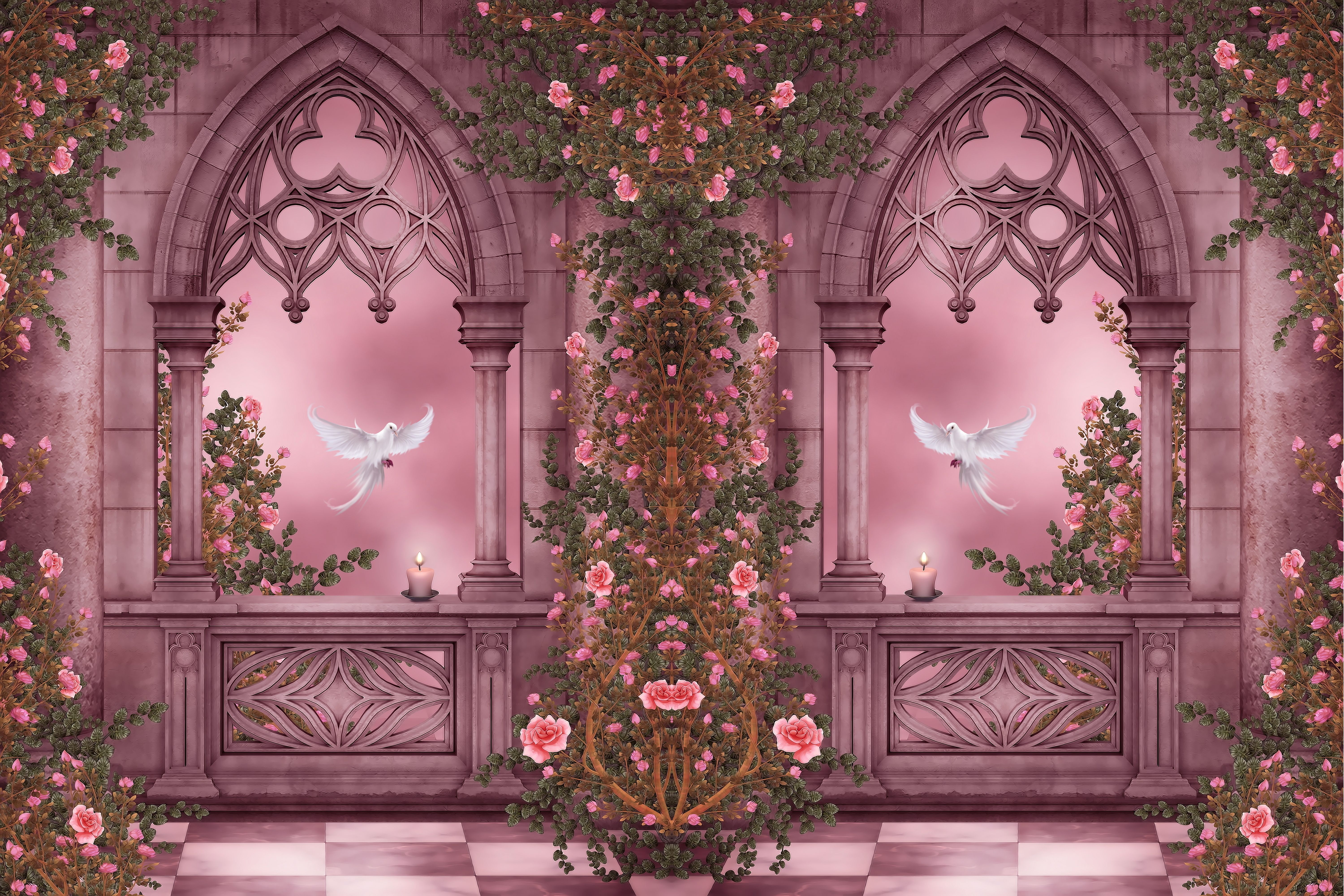 pink, fantasy, artistic, arch, bird, candle, columns, dove, rose, vine phone background