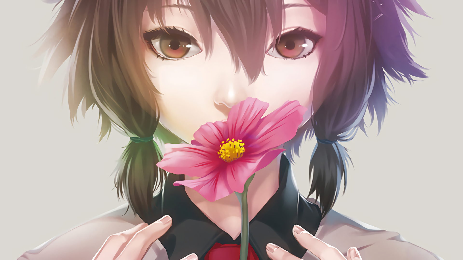 HD wallpaper girl, anime, flower, brown eyes, brown hair