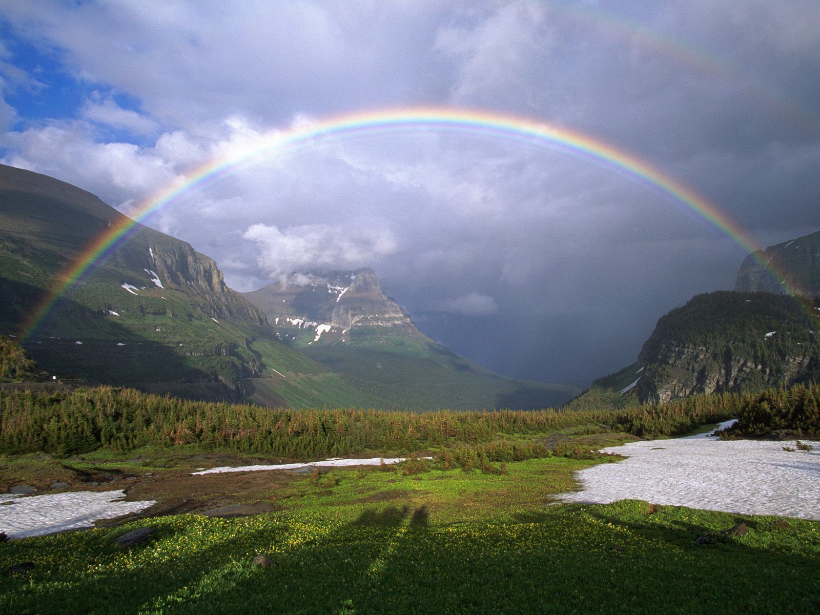 rainbow, mountains, nature, clouds, snow, greens 8K
