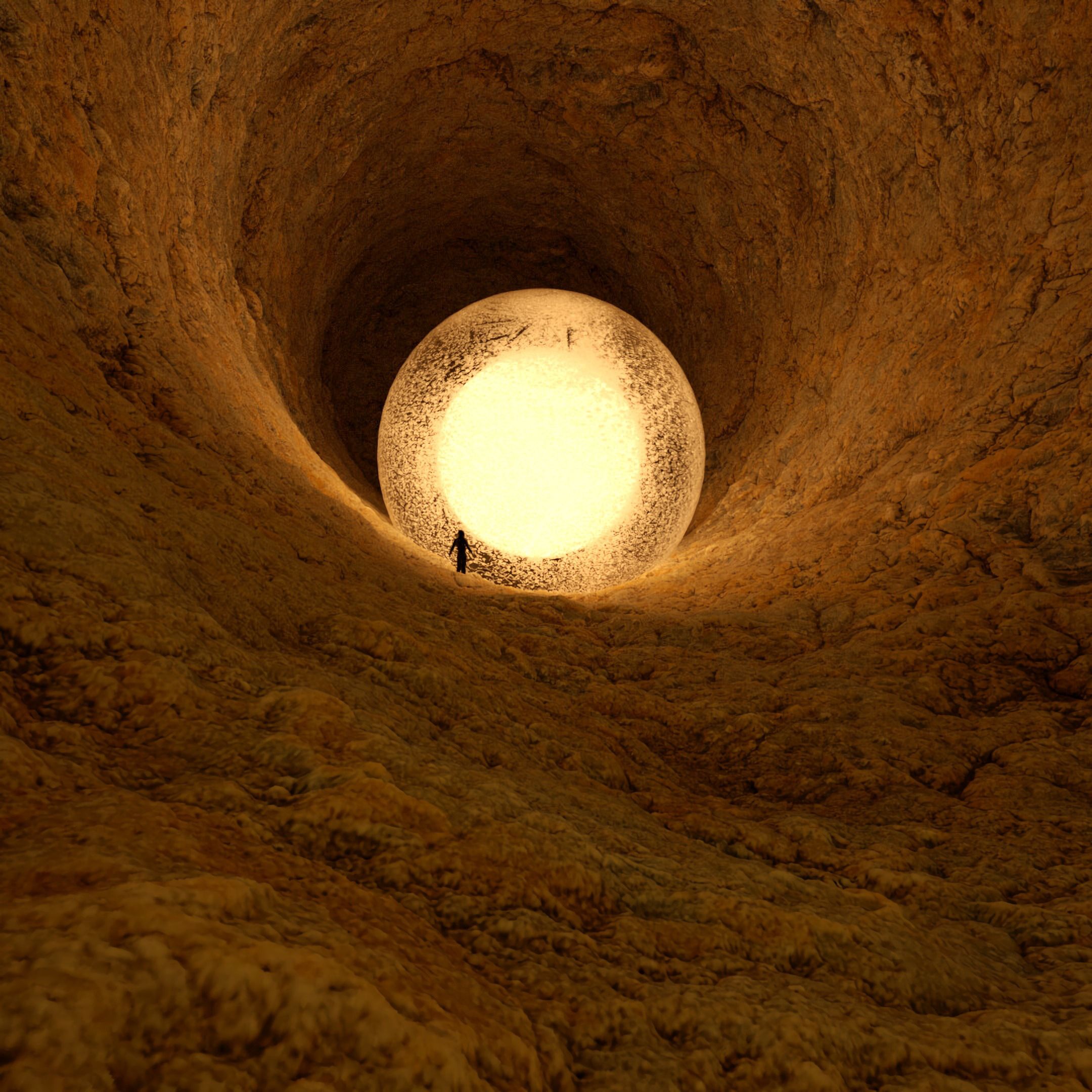 Download mobile wallpaper Ball, Cave, Glow, Silhouette, 3D for free.