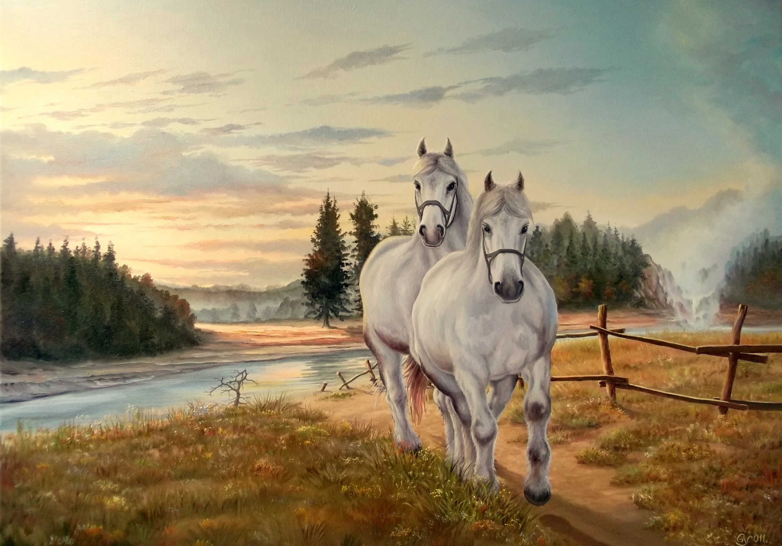 Пейзаж с лошадьми живопись