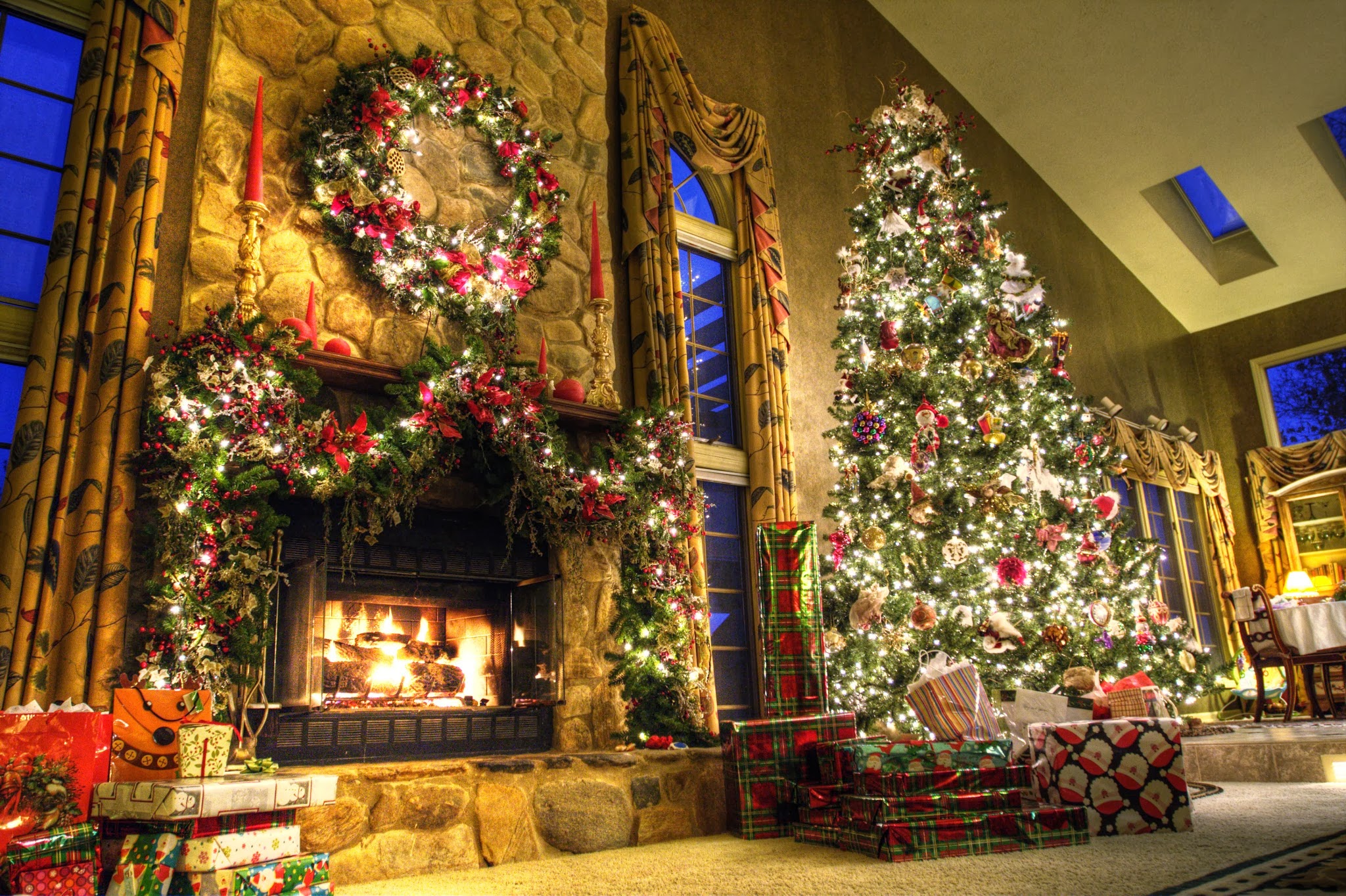 christmas, christmas tree, fireplace, holiday, christmas ornaments, gift