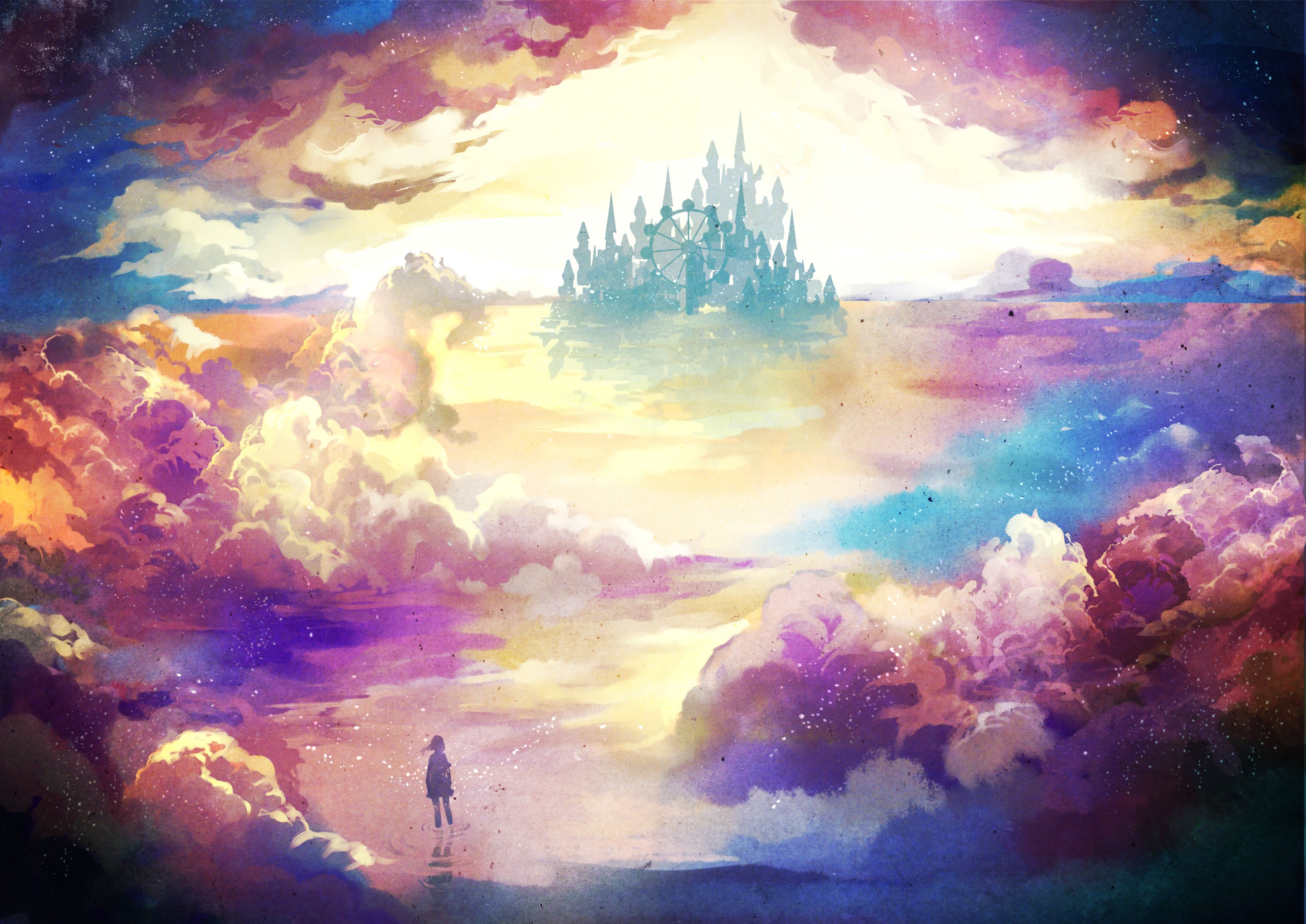 colorful, original, landscape, anime, castle, cloud, ferris wheel, sky, sun Free Stock Photo