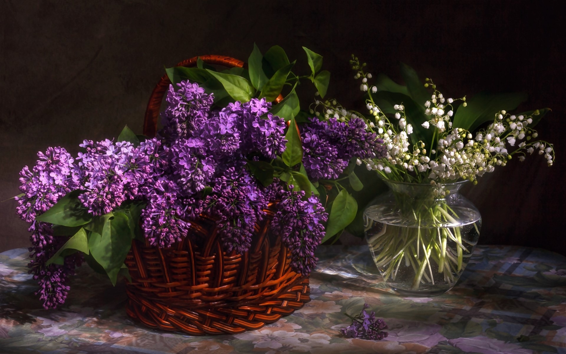 lily of the valley, basket, photography, still life, lilac, purple flower, vase, white flower