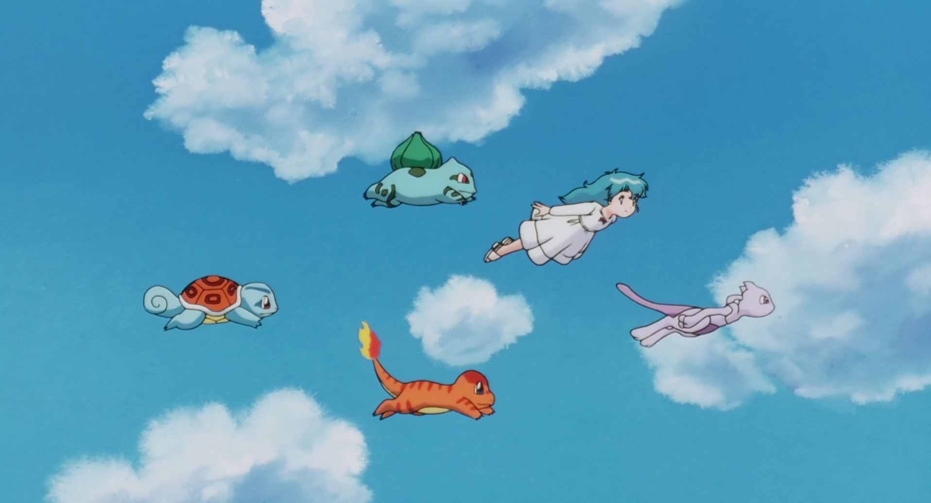 Mobile wallpaper anime, pokémon: the first movie, ambertwo (pokémon), bulbasaur (pokémon), charmander (pokémon), mewtwo (pokémon), squirtle (pokémon), starter pokemon, pokémon