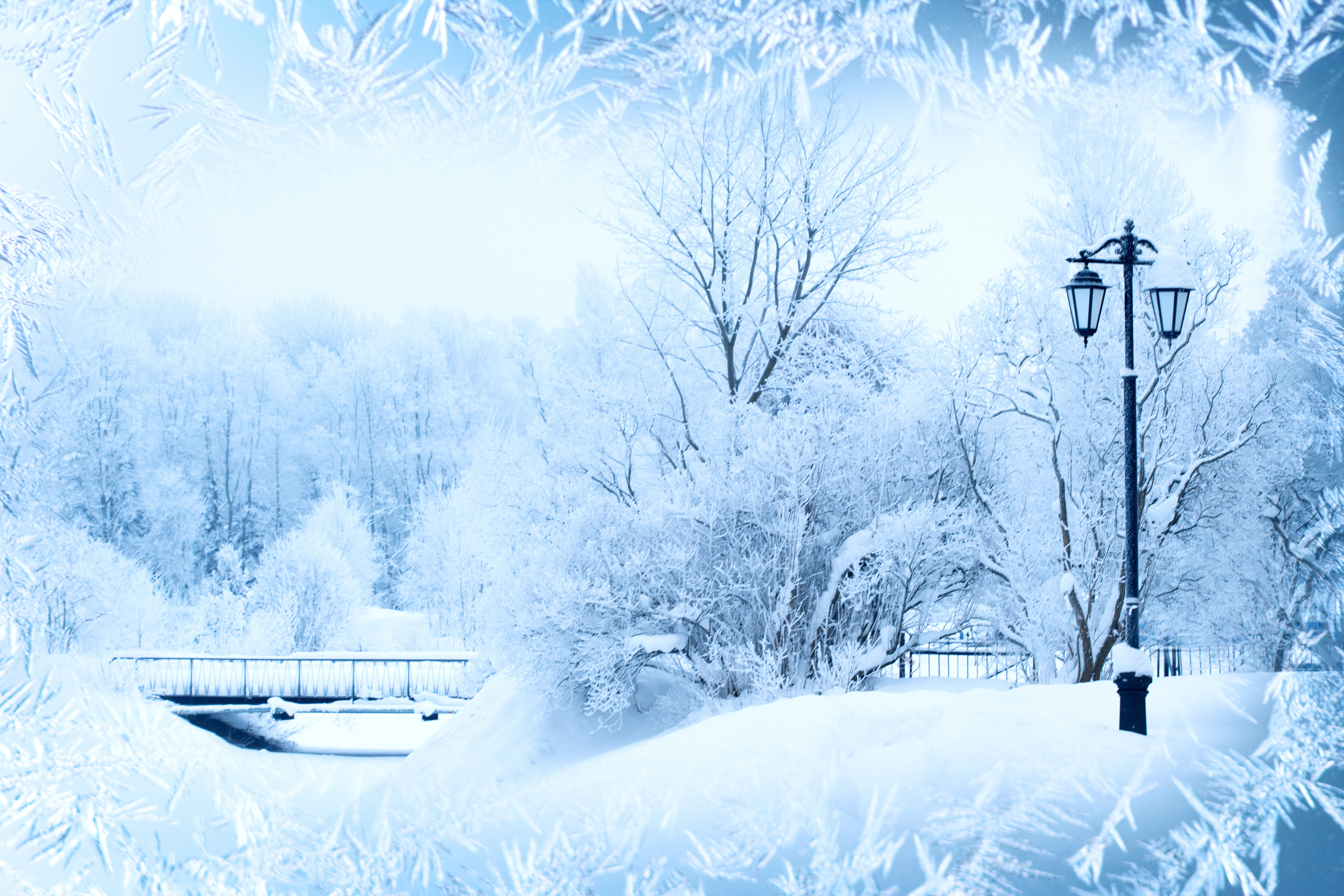 artistic, winter, bridge, frost, ice, lamp post, park, snow 8K