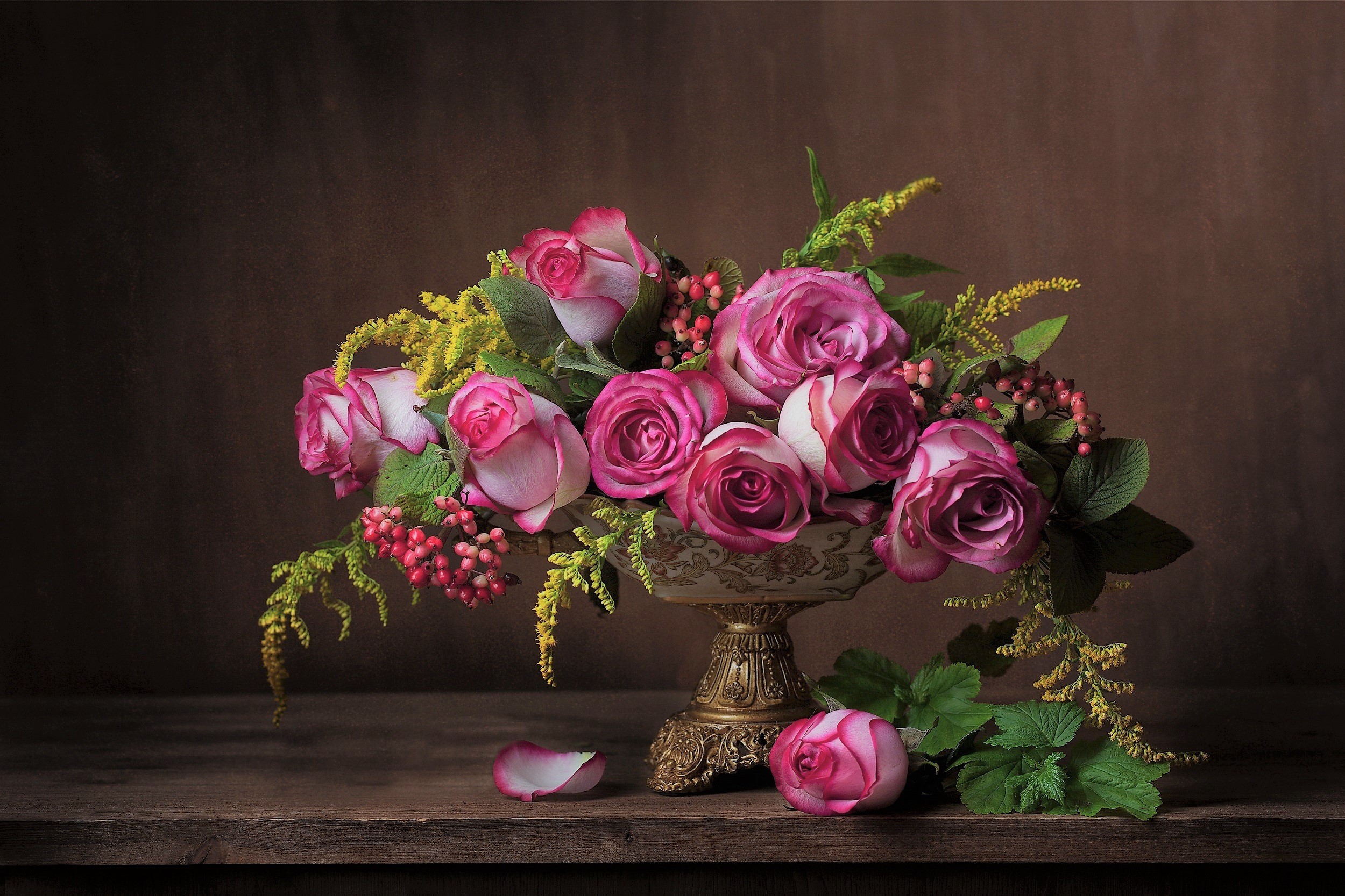 photography, still life, bowl, flower, leaf, pink flower, rose, vase QHD