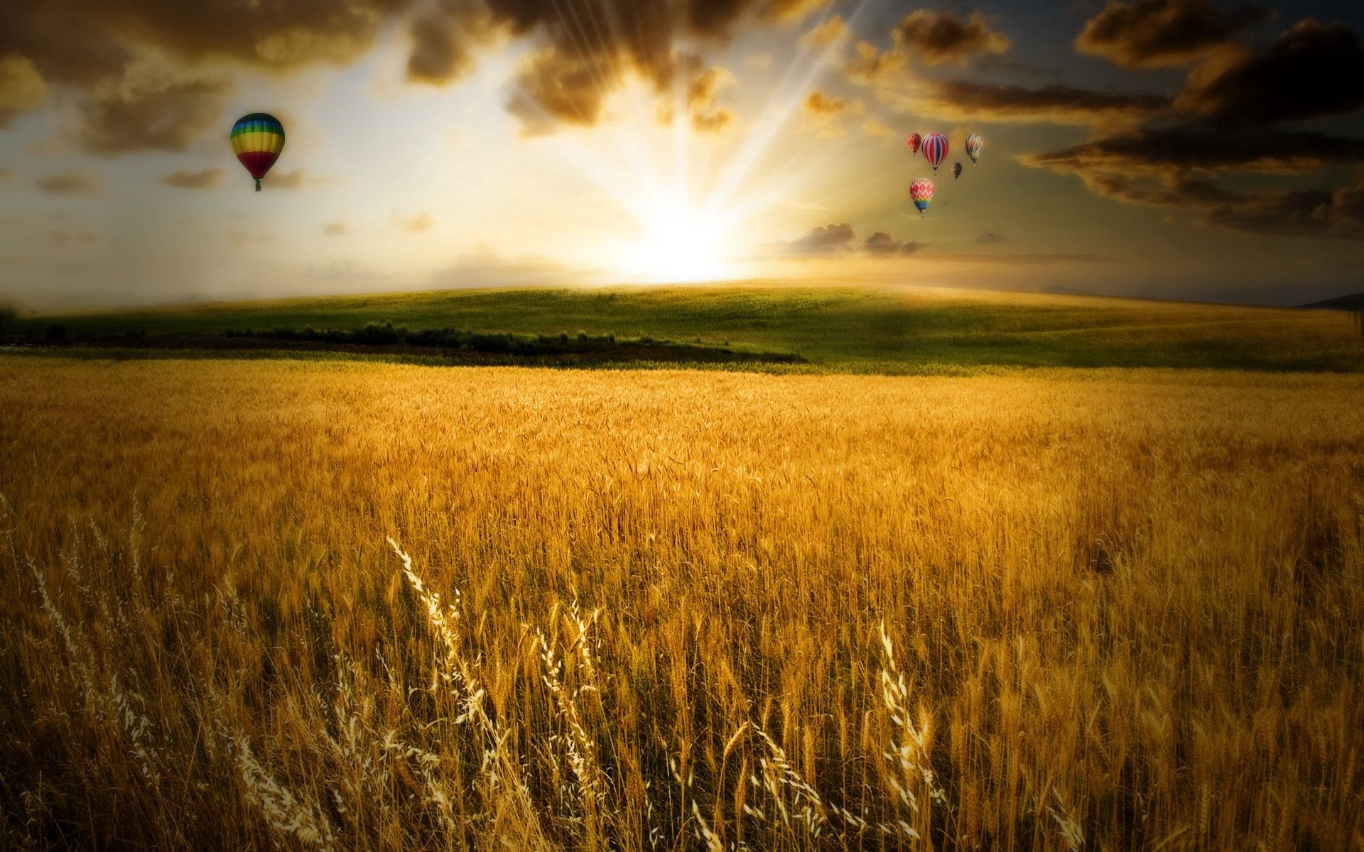 Laden Sie das Natur, Sunset, Sun, Scheinen, Flug, Abend, Licht, Feld, Farben, Luftballons, Farbe, Herbst-Bild kostenlos auf Ihren PC-Desktop herunter