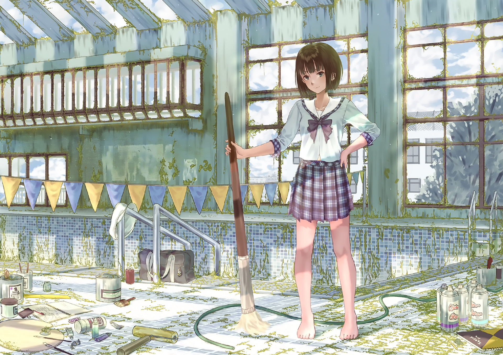 anime, original, broom, feet, school uniform, schoolgirl, short hair, skirt UHD