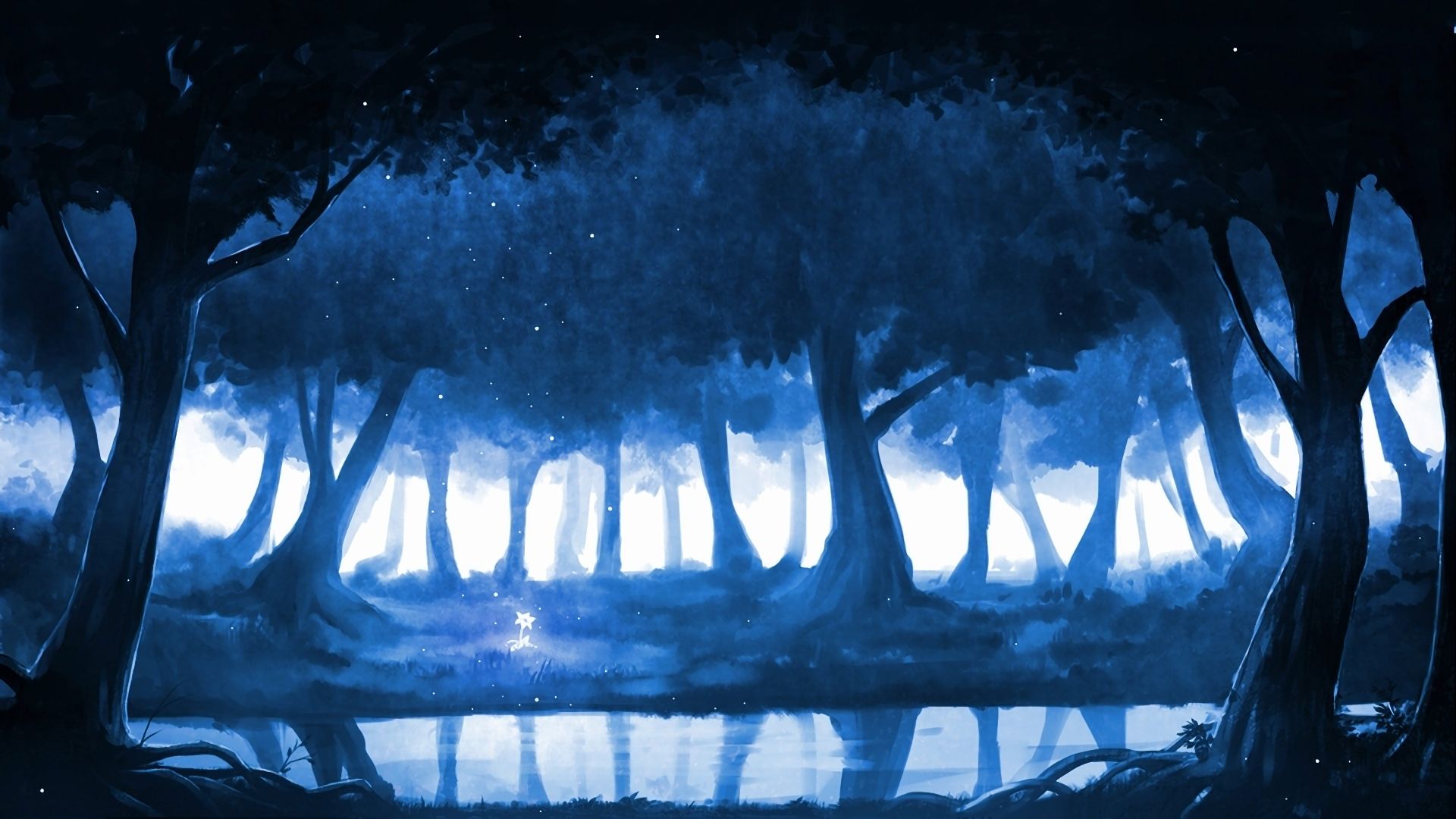 Верхушки деревьев в лесу аниме