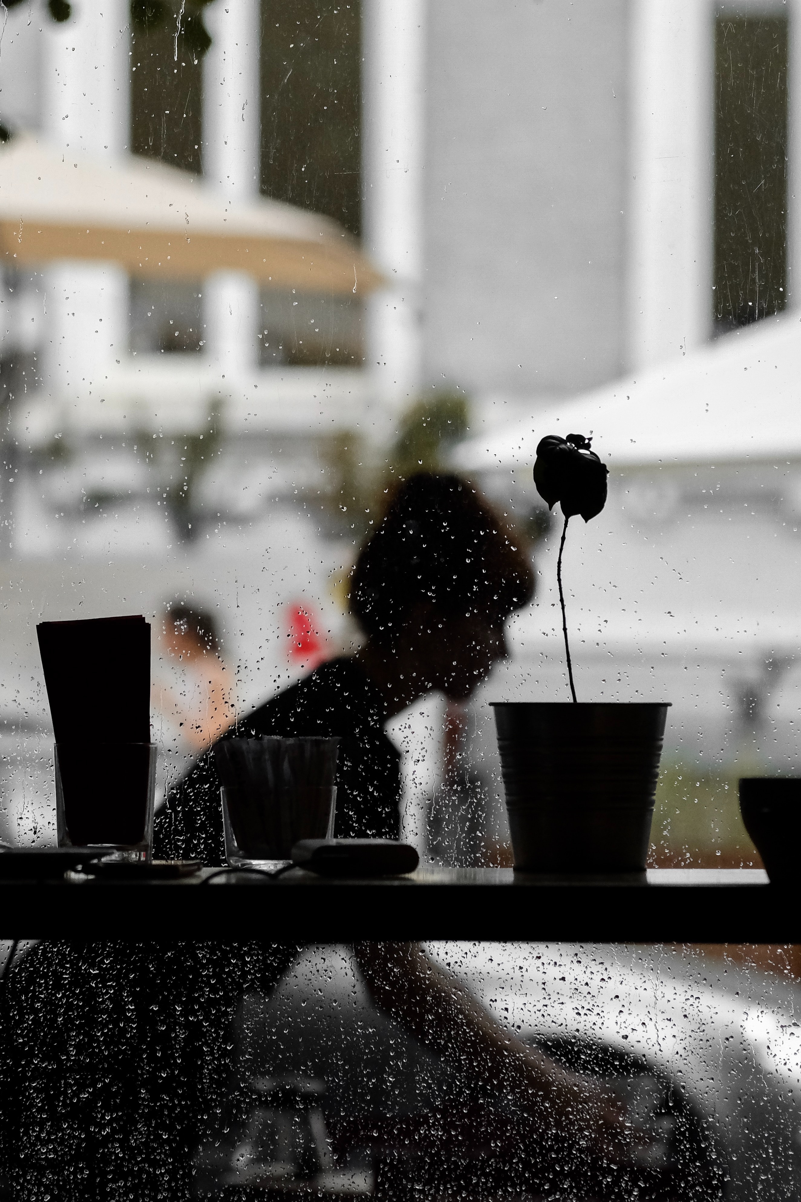 Download mobile wallpaper Window, Wet, Silhouette, Dark, Rain for free.
