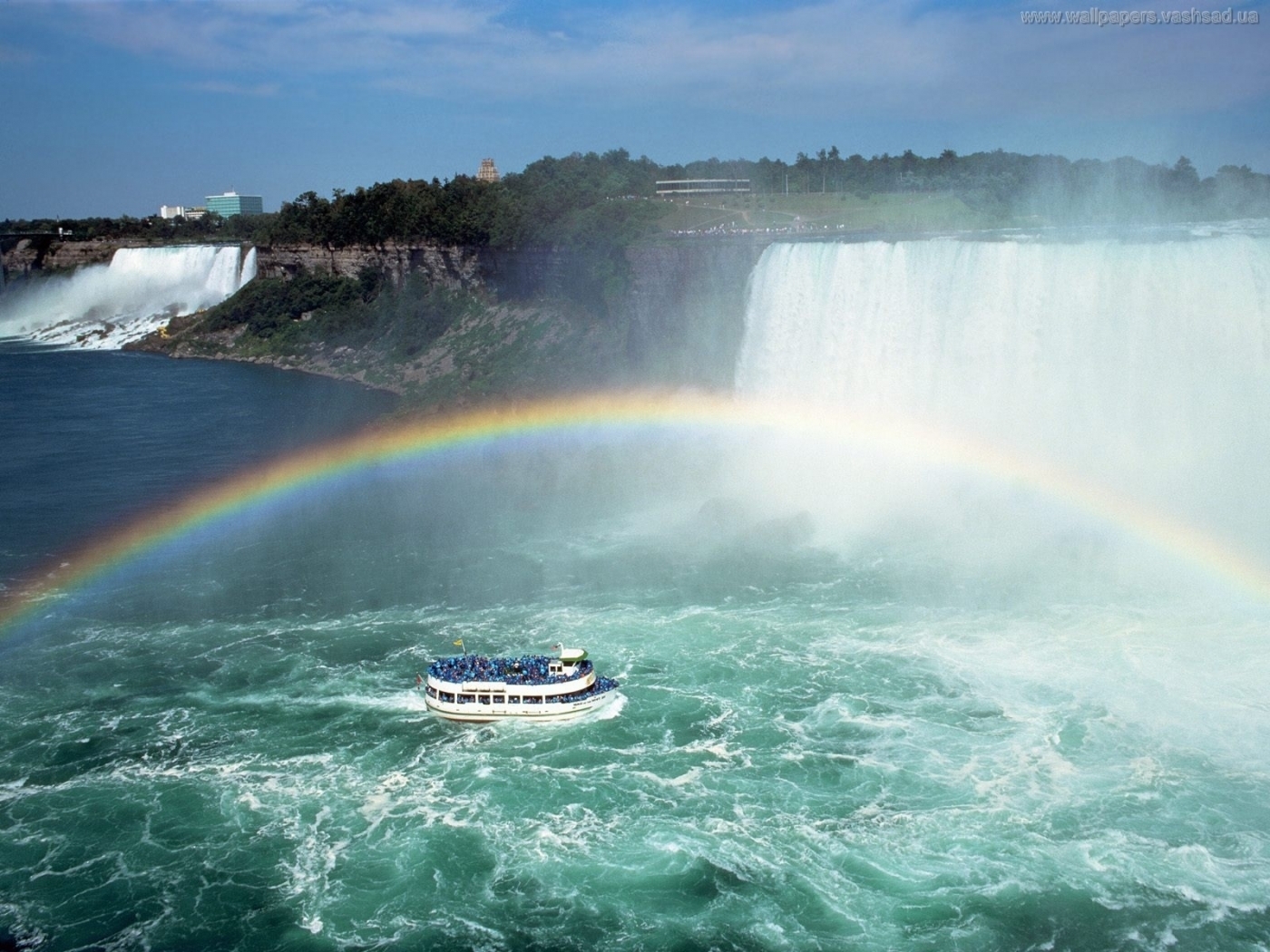 Laden Sie das Regenbogen, Landschaft, Boote, Wasserfälle-Bild kostenlos auf Ihren PC-Desktop herunter