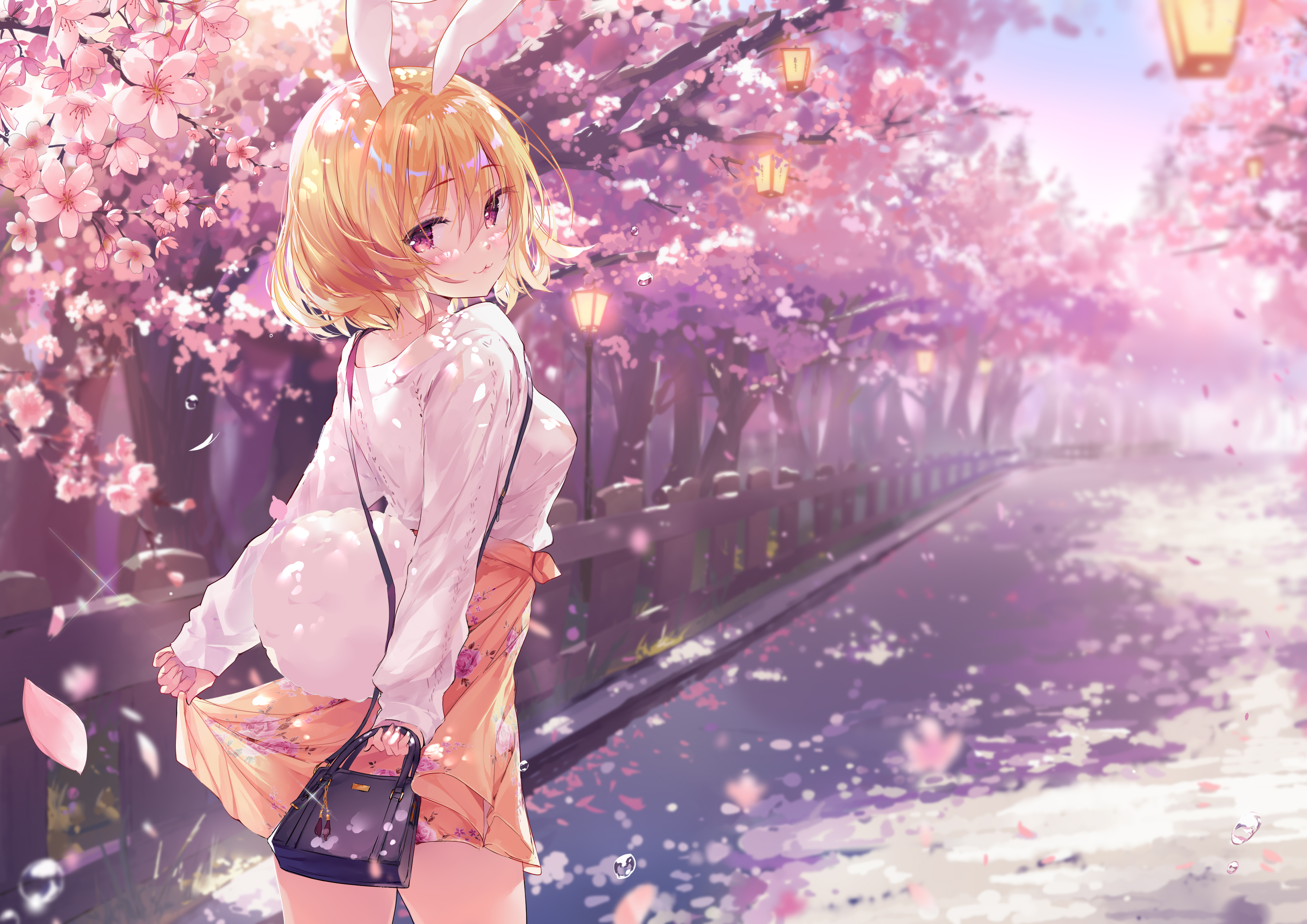 Download mobile wallpaper Anime, Girl, Spring, Blonde, Skirt, Cherry Blossom, Purple Eyes, Animal Ears, Bunny Ears for free.