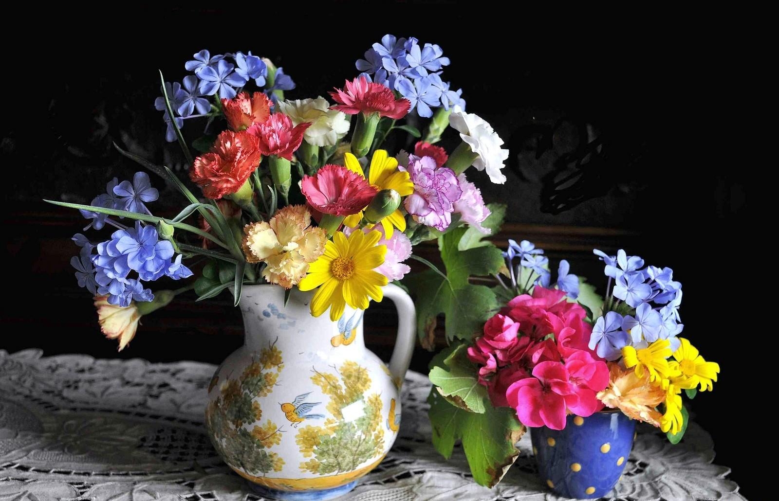 carnations, glass, geranium, flowers, bouquets, jug, lot, plumbago