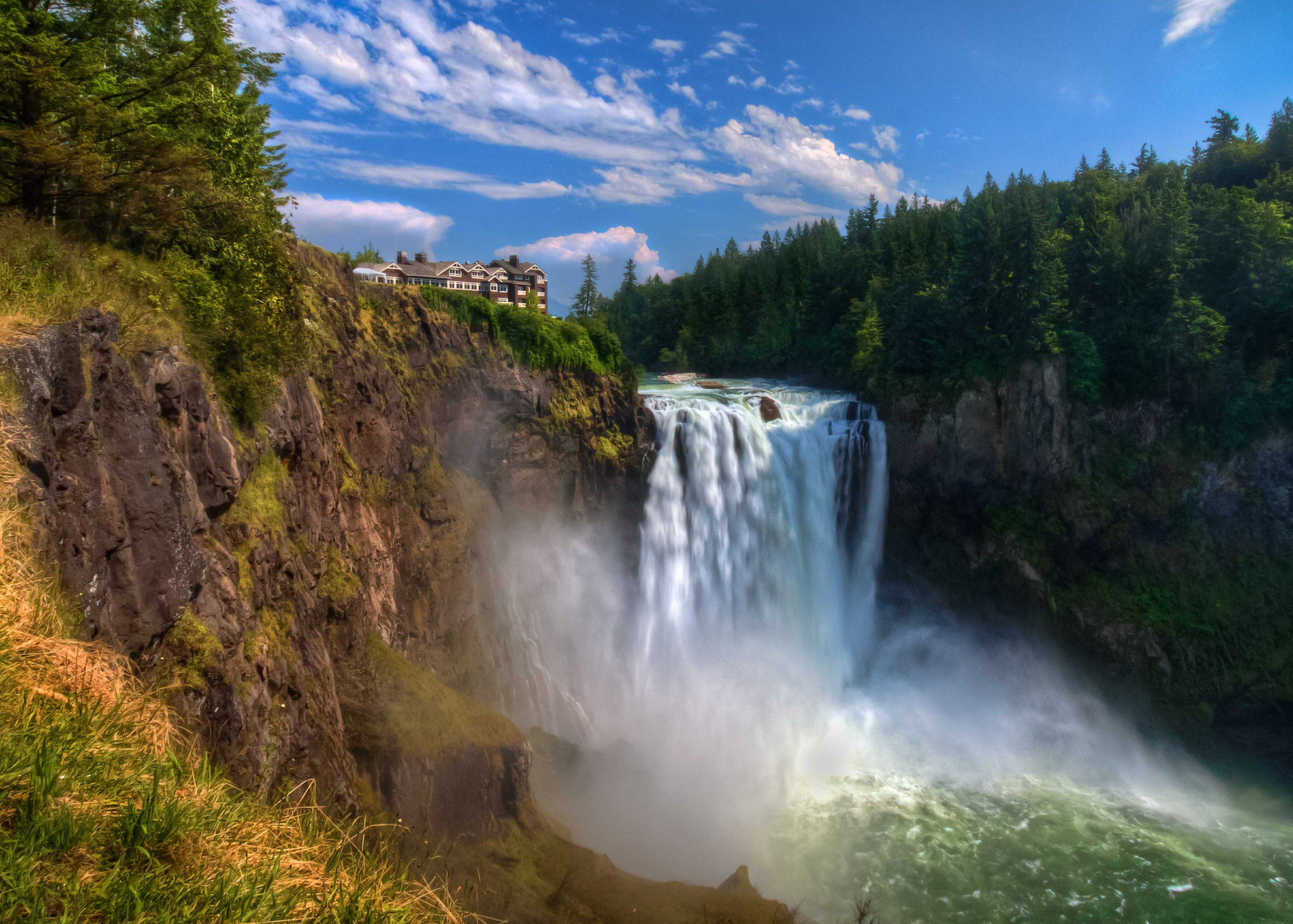 android waterfalls, cliff, stream, earth, waterfall, house, snoqualmie falls