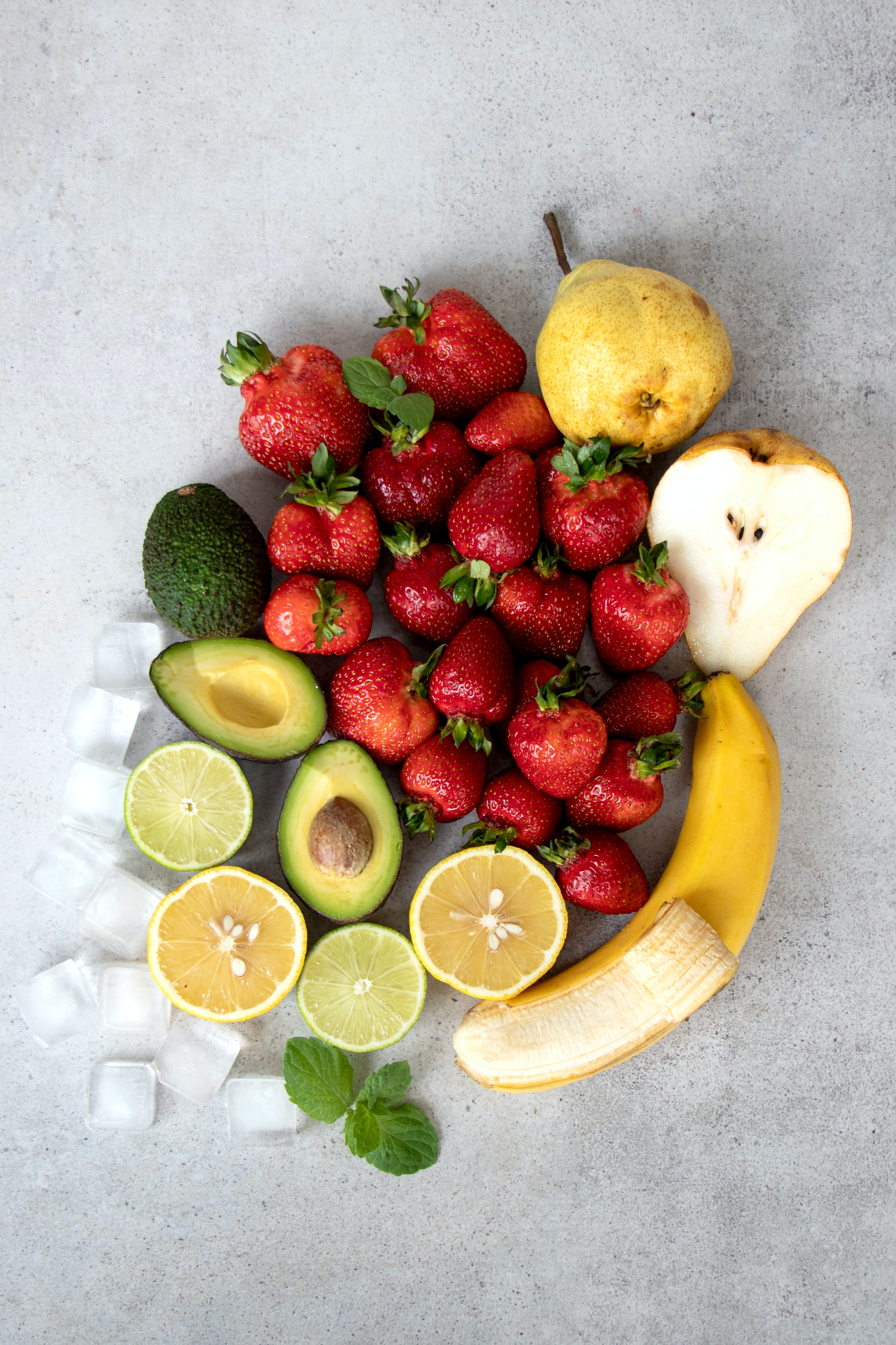 Download mobile wallpaper Pear, Ice, Banana, Food, Avocado, Lemon, Strawberry, Fruits for free.