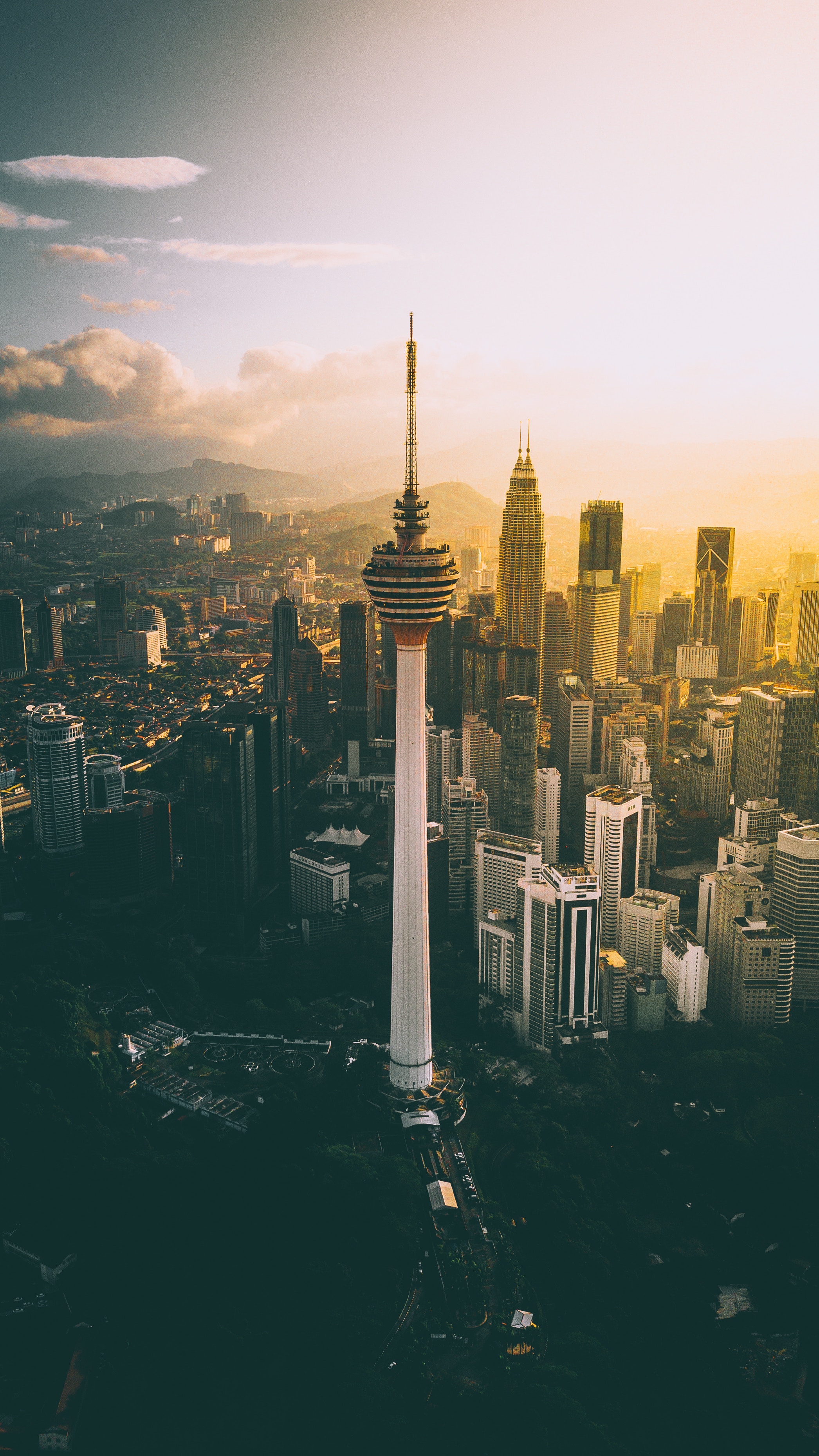 Download mobile wallpaper Malaysia, Kuala Lumpur, Cities, Skyscrapers, Tower, Dawn for free.