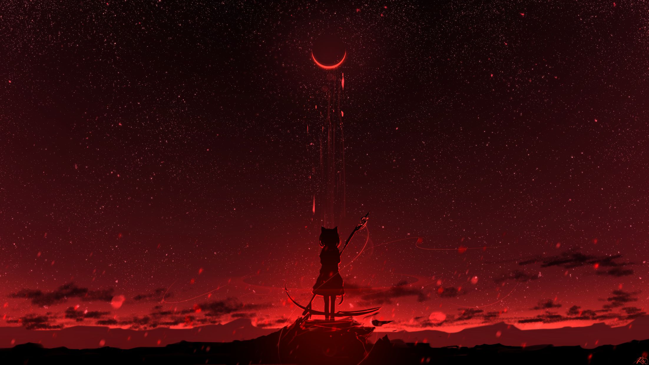 Самурай на фоне красной Луны 4к