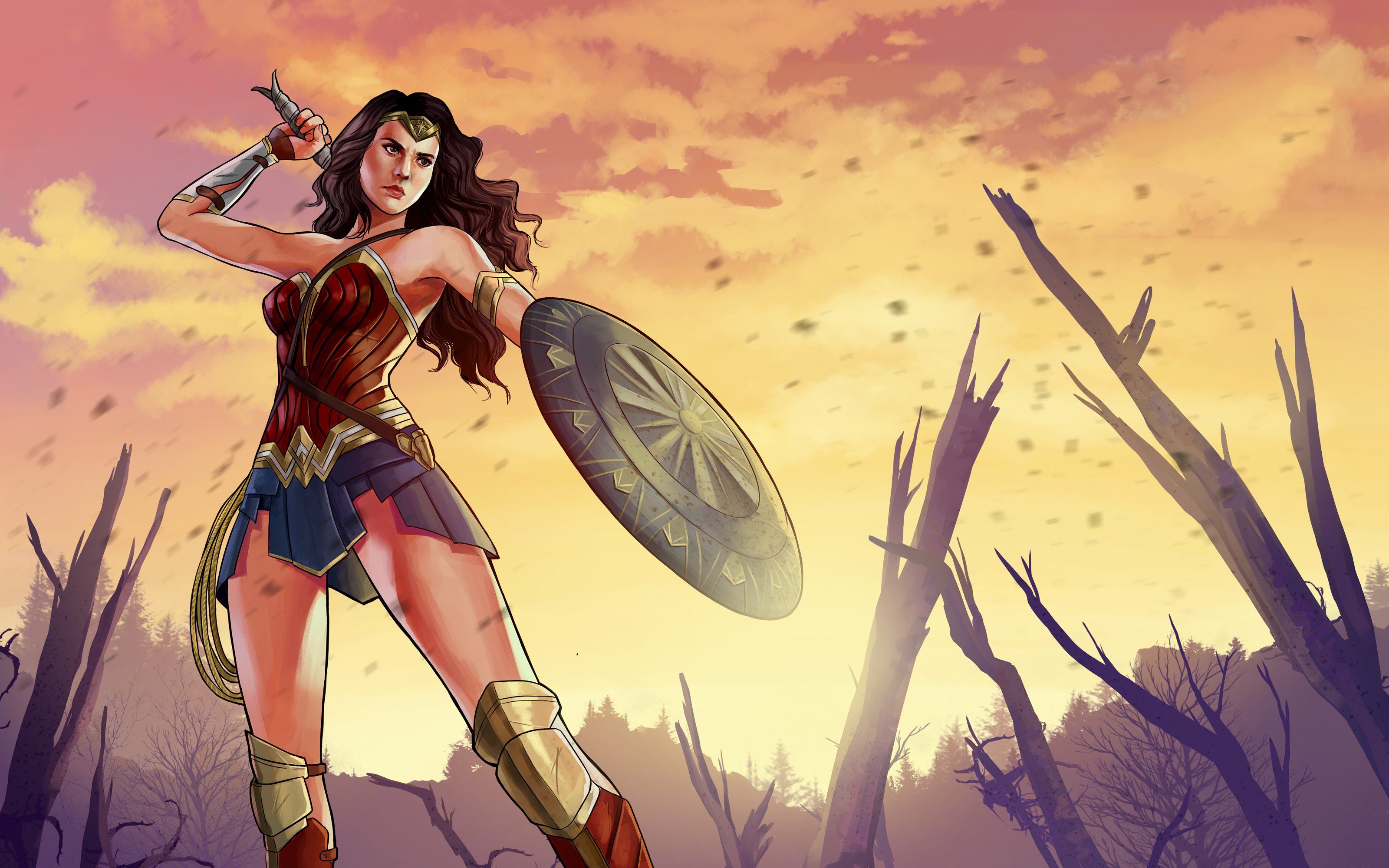 Download mobile wallpaper Shield, Comics, Black Hair, Dc Comics, Woman Warrior, Wonder Woman for free.