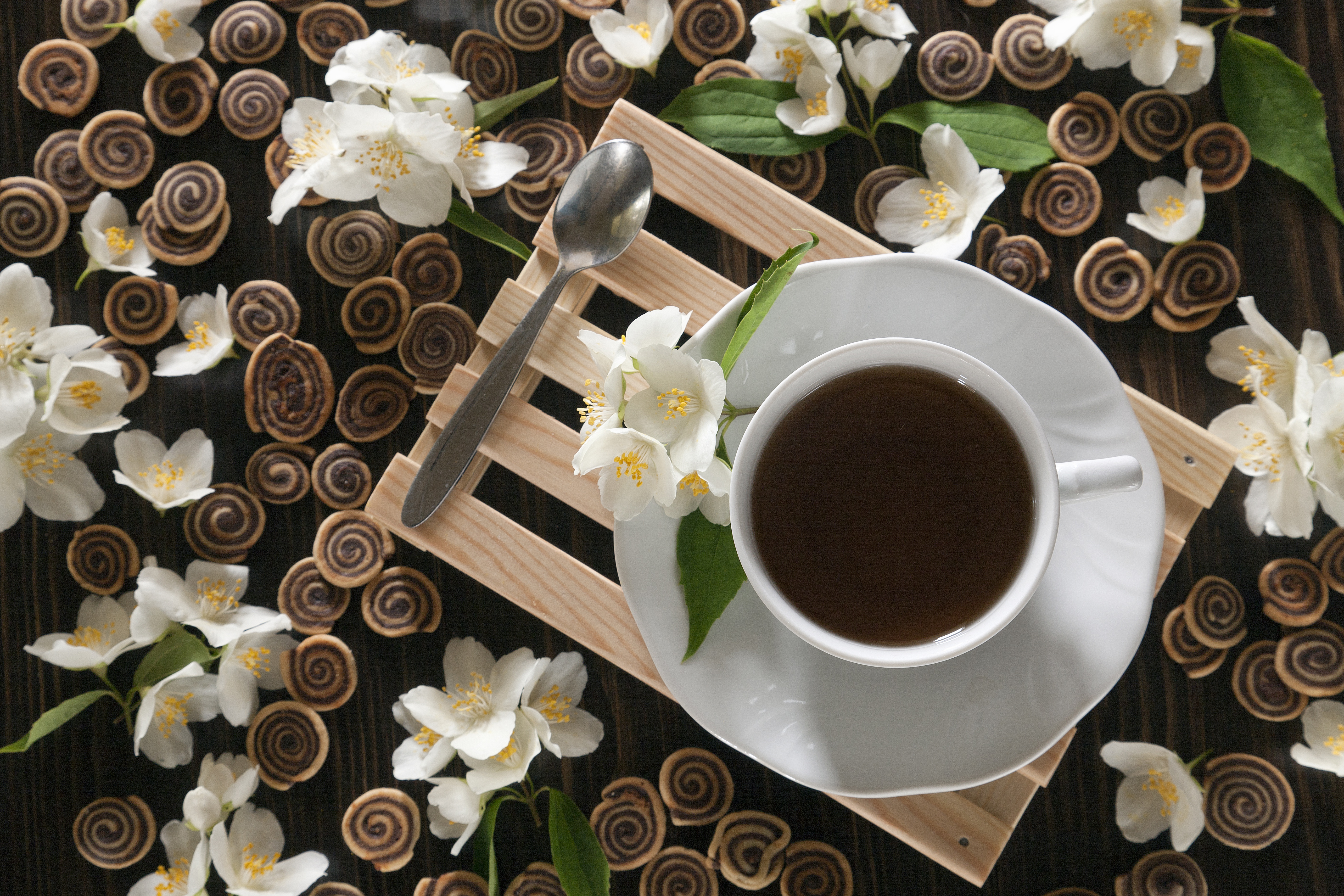 food, tea, cookie, cup, jasmine, still life, white flower