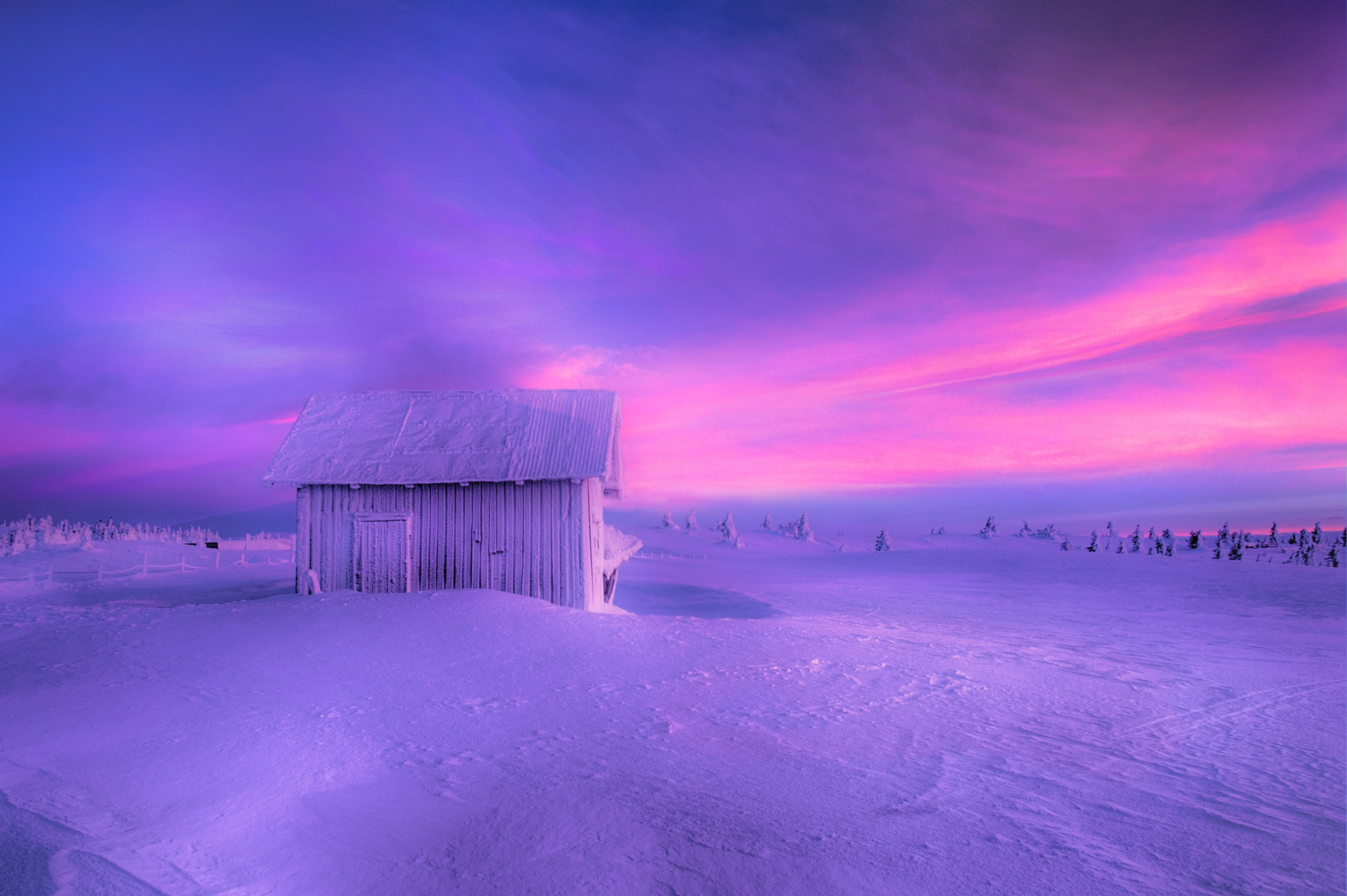 sunset, photography, winter, earth, shed, sky, snow Full HD