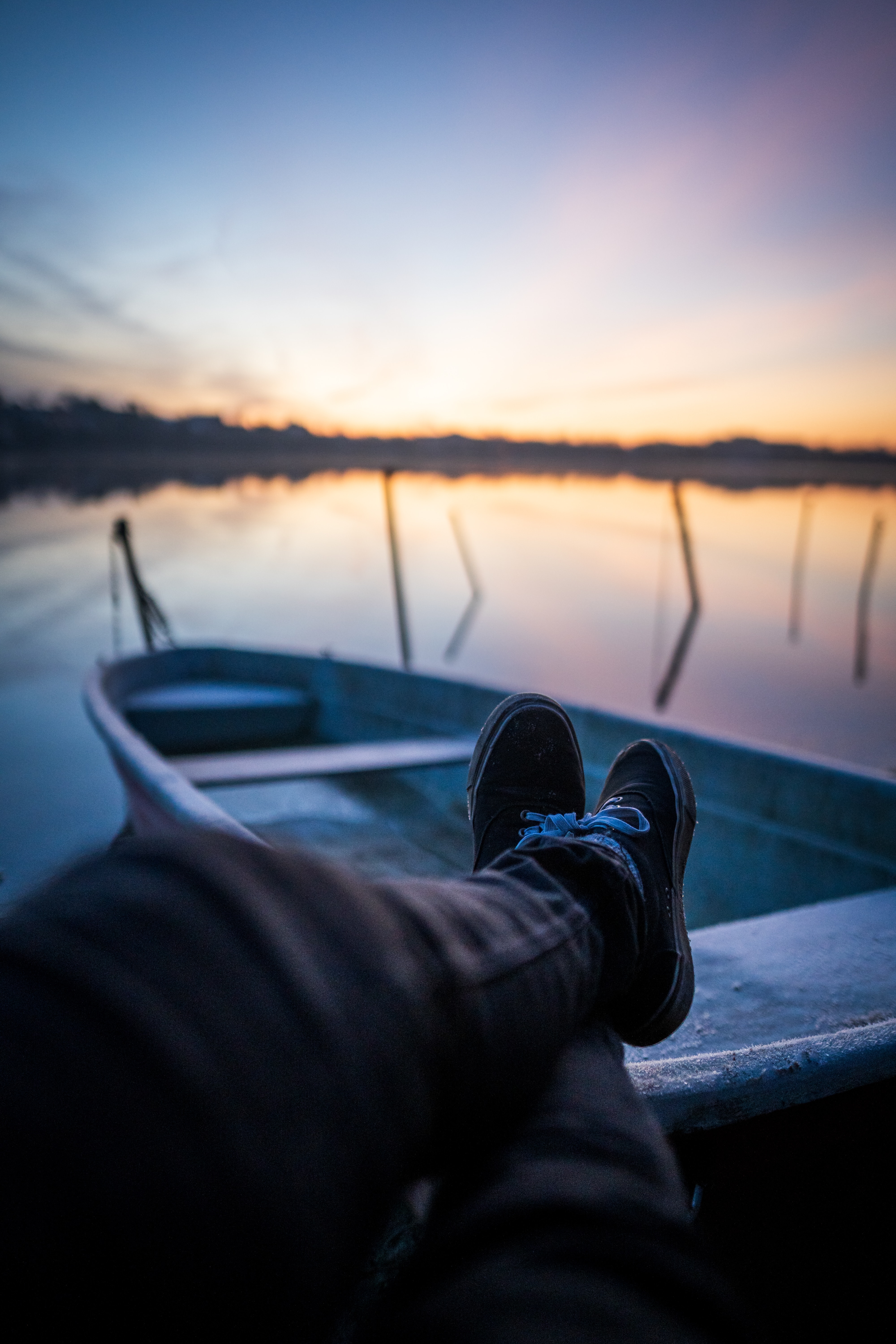 desktop Images twilight, lake, miscellanea, miscellaneous, legs, dusk, relaxation, rest, boat