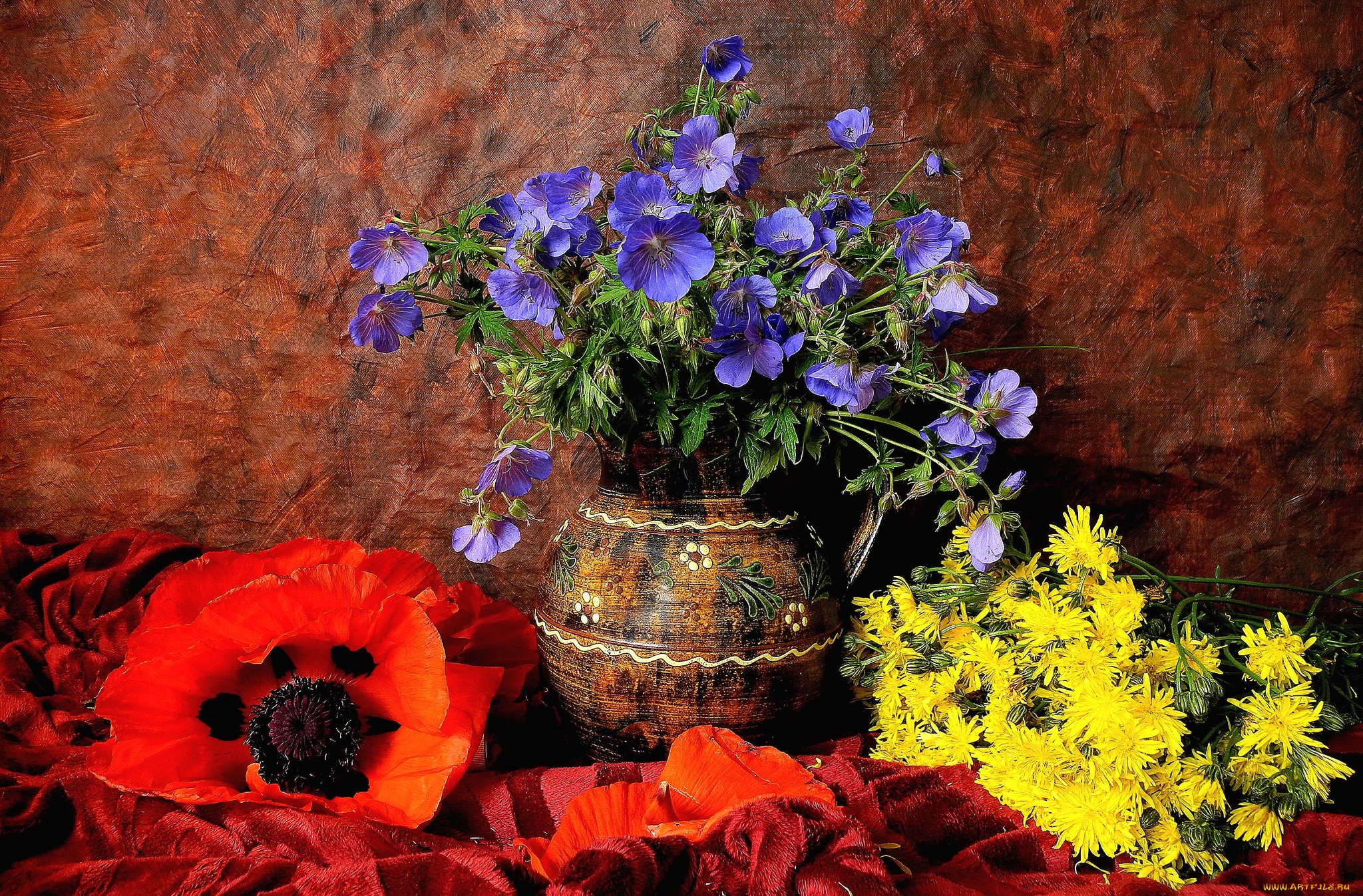 photography, still life, blue flower, colorful, flower, poppy, red flower, vase, yellow flower