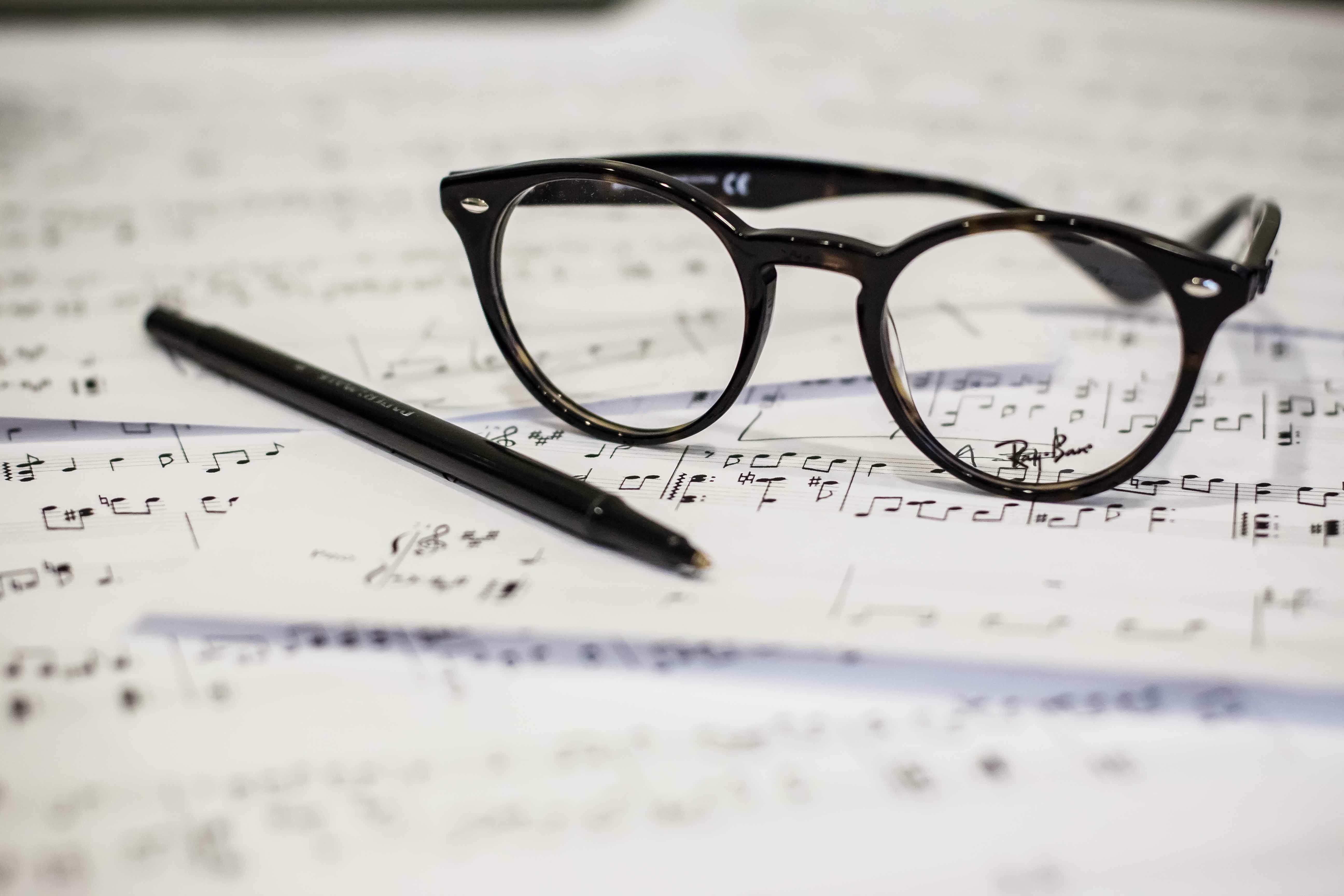 music, miscellanea, miscellaneous, pen, glasses, spectacles, notes