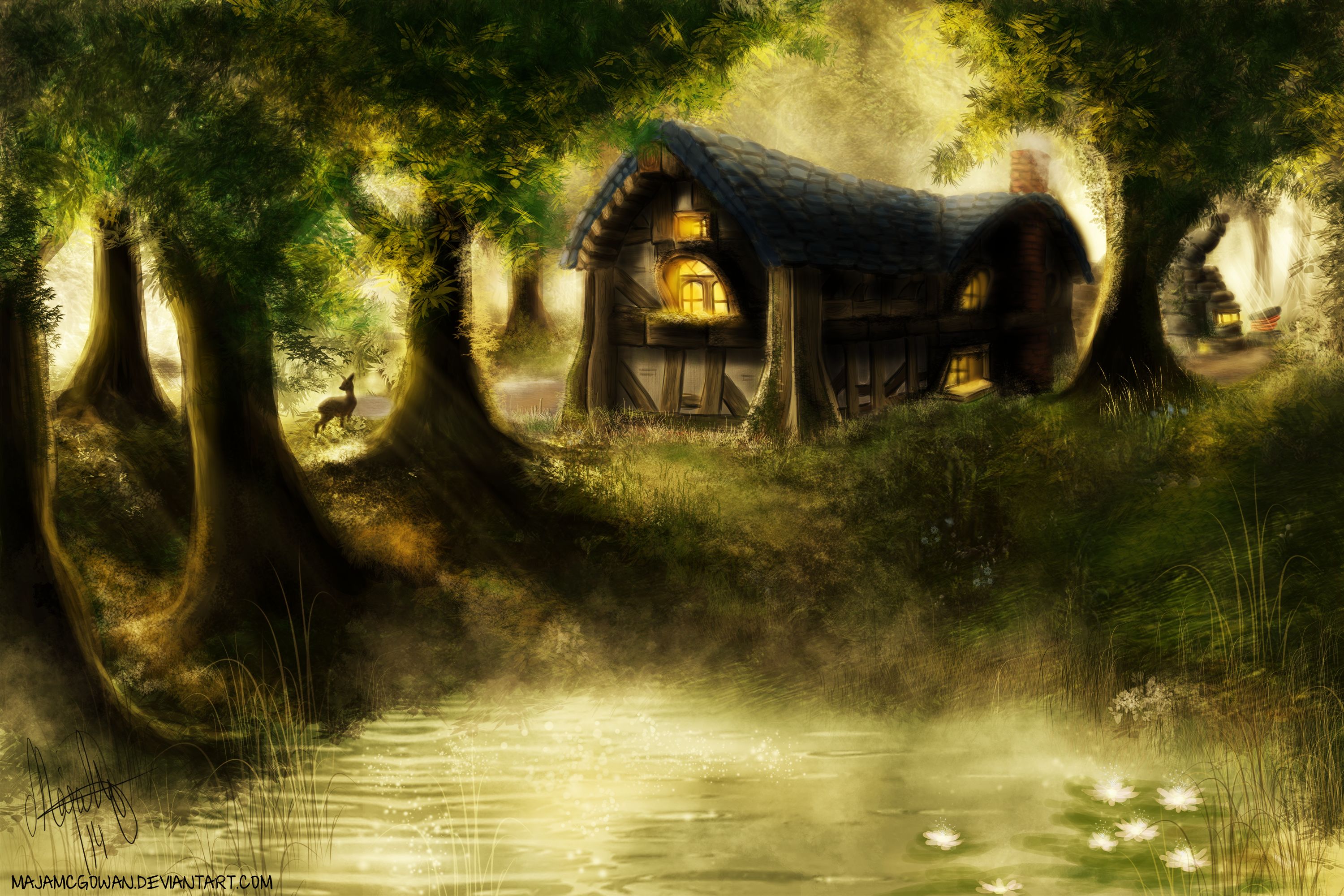 artistic, house, crystal lake, deer, elwynn forest, fairy tale, forest, inn, leaf, sunbeam, tree, water lily Full HD