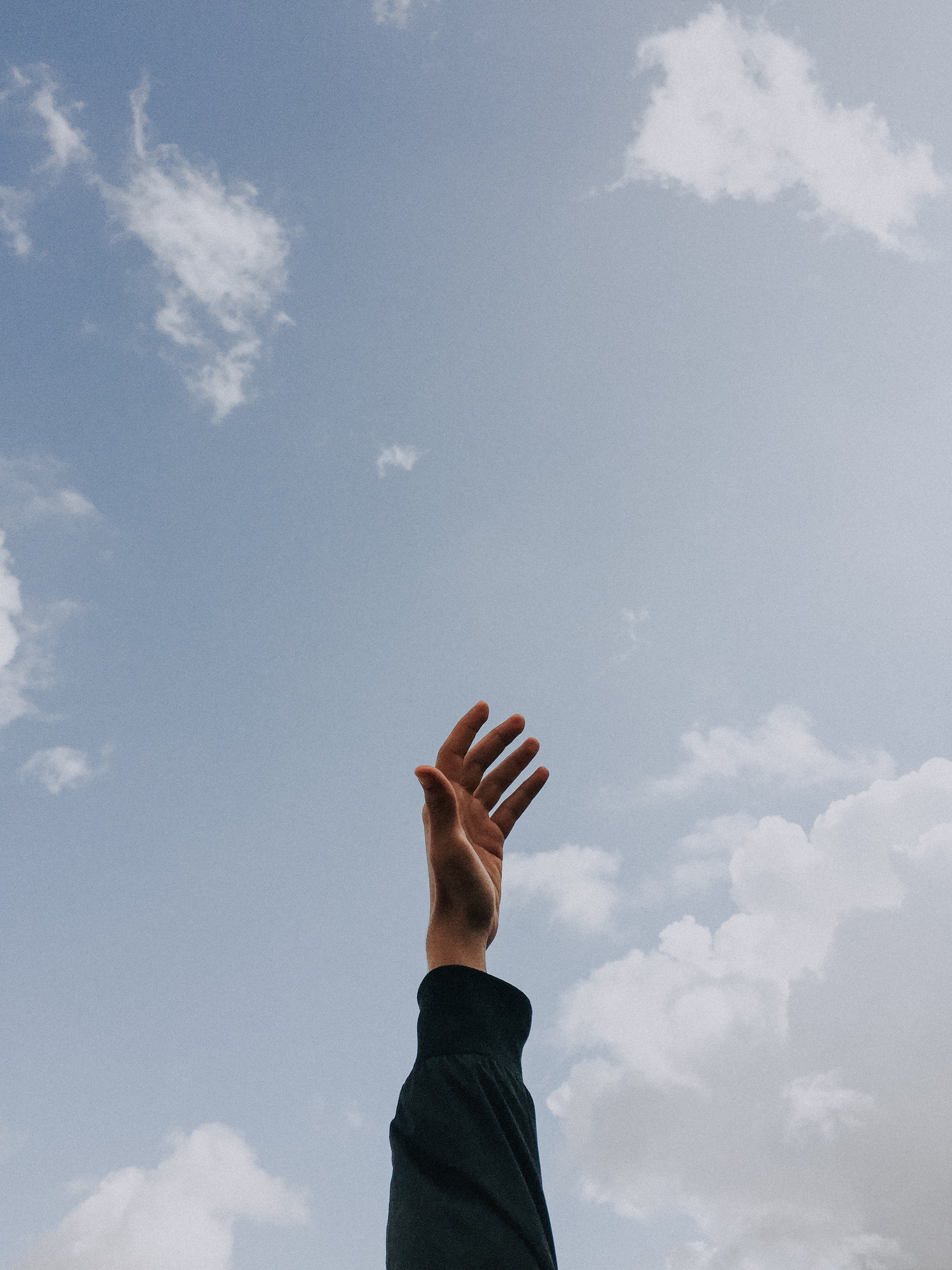hand, freedom, minimalism, fingers, clouds, sky, lift up, raise wallpaper for mobile