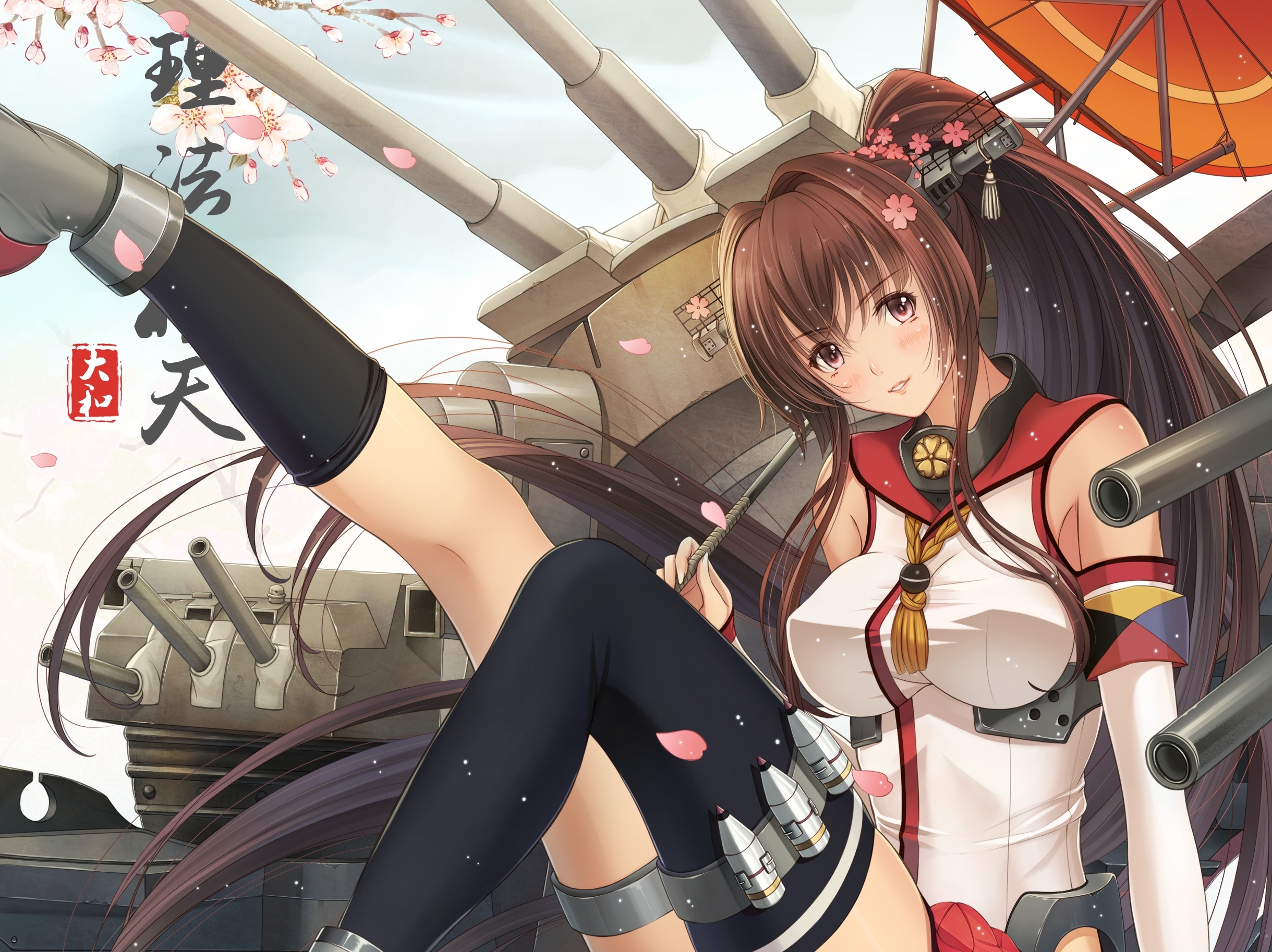 anime, kantai collection, brown hair, long hair, ponytail, red eyes, thigh highs, yamato (kancolle) for android