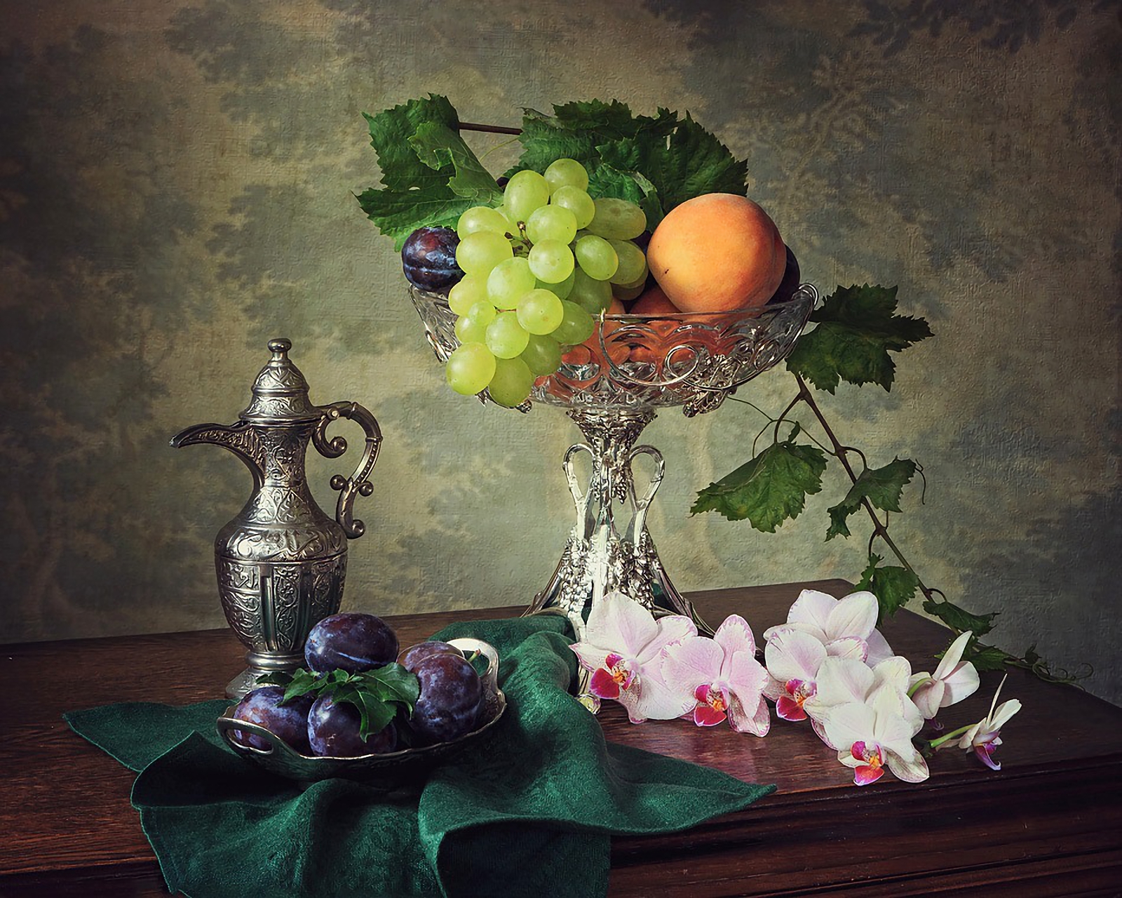 photography, still life, fruit, grapes, orchid, pitcher, plum