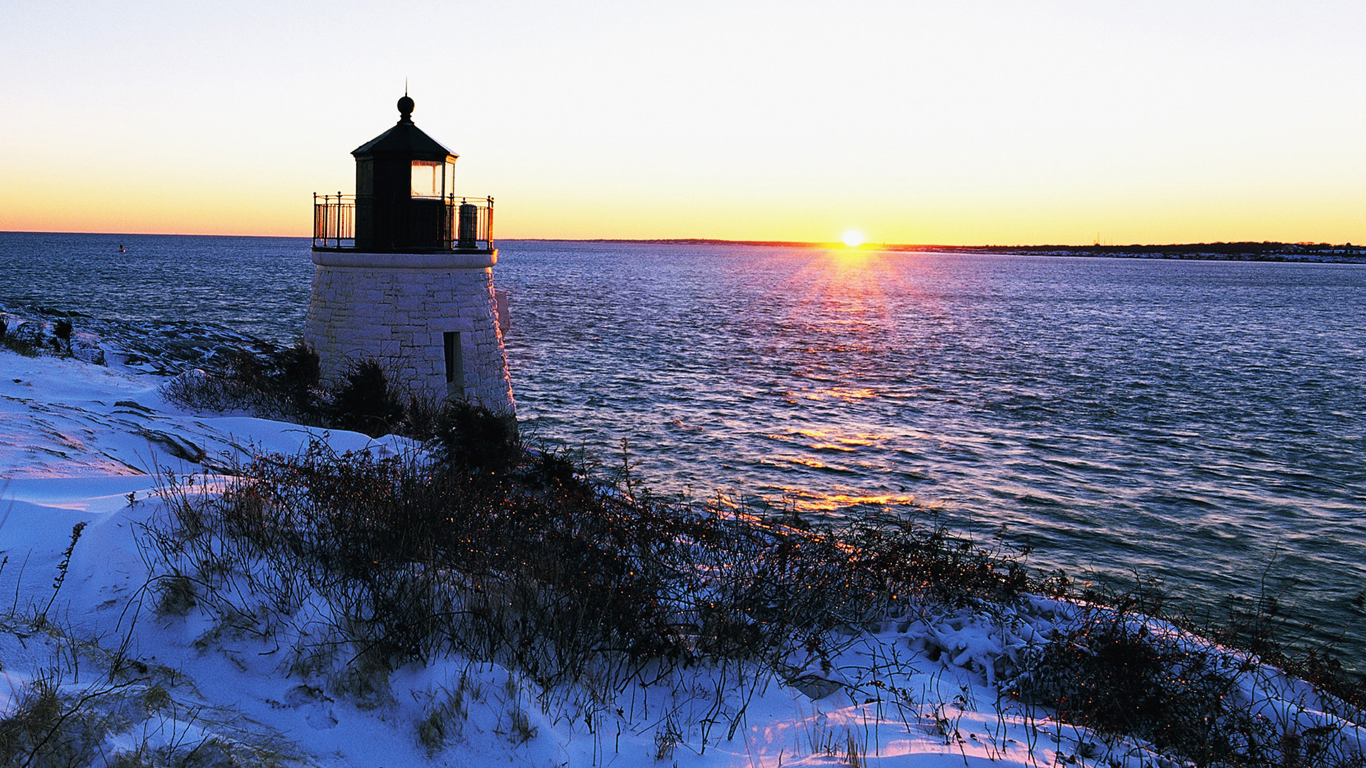 landscape, winter, sunset, sea, snow, lighthouses 4K, Ultra HD