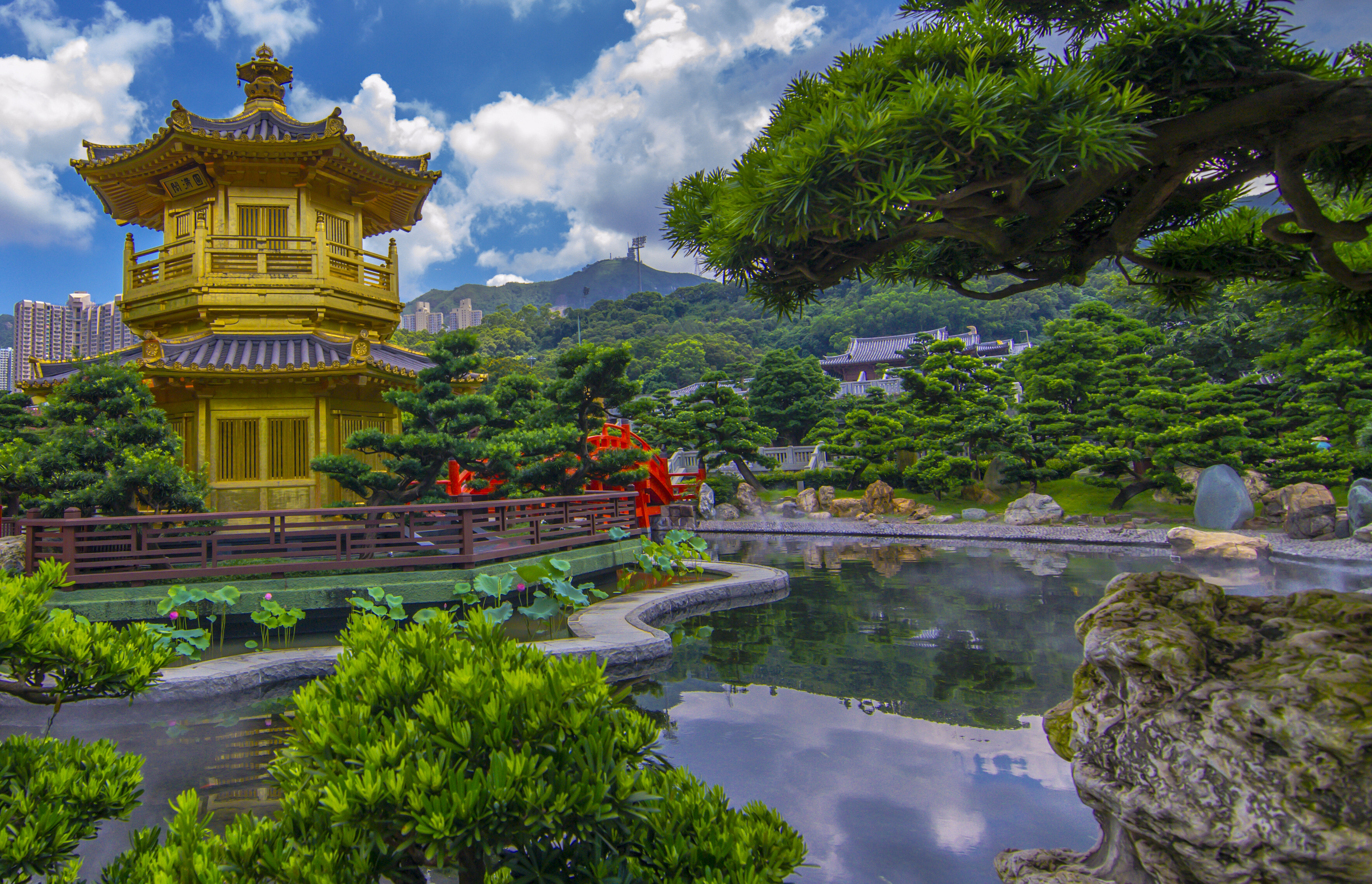 Download mobile wallpaper Park, Tree, Pagoda, Pond, China, Hong Kong, Photography for free.