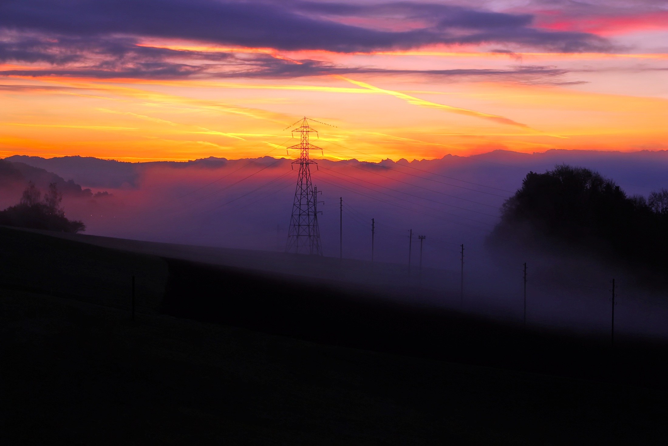 Download mobile wallpaper Shroud, Fog, Nature, Sunset, Switzerland for free.
