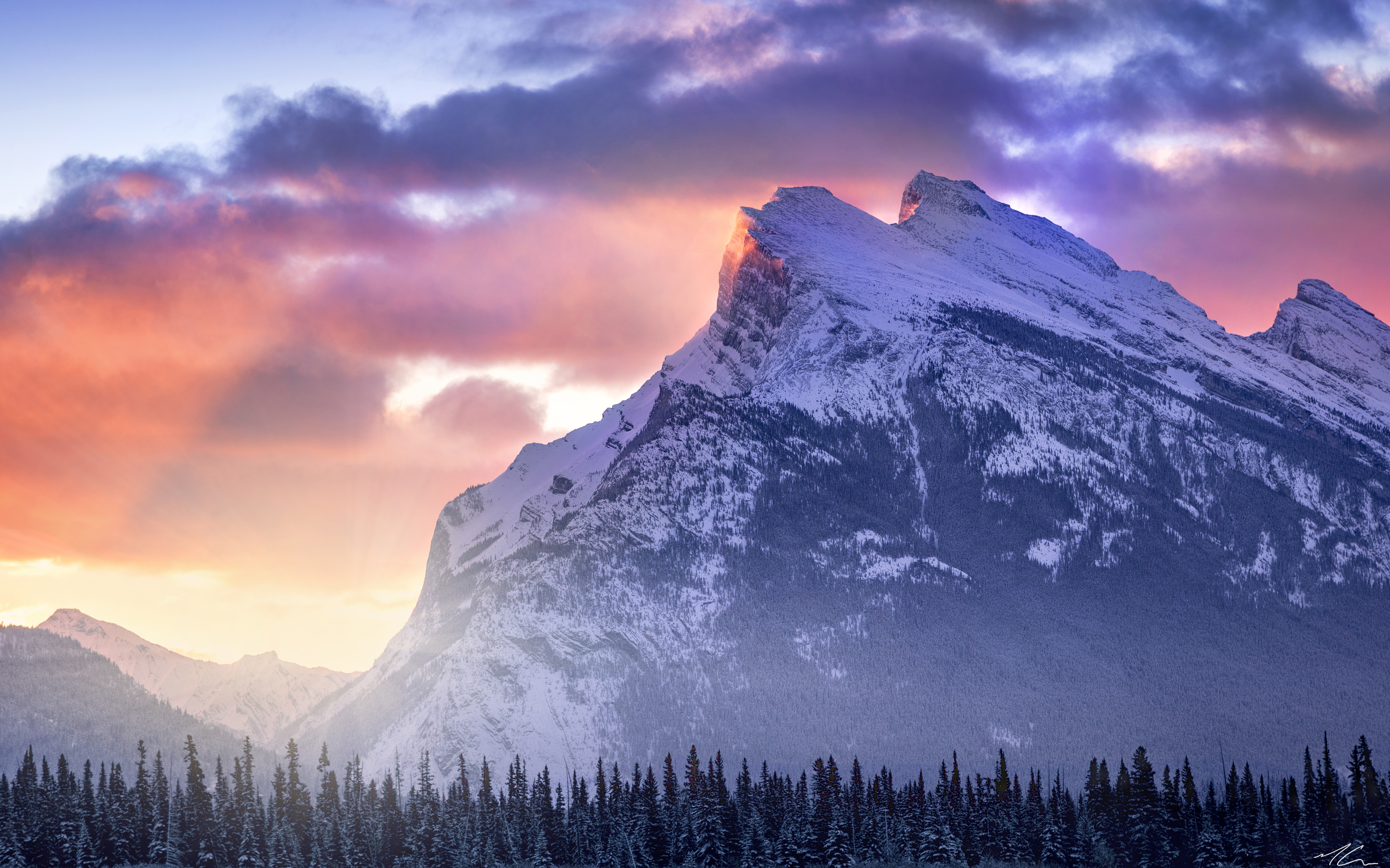 earth, mountain, cloud, pine, snow, sunset, mountains cellphone