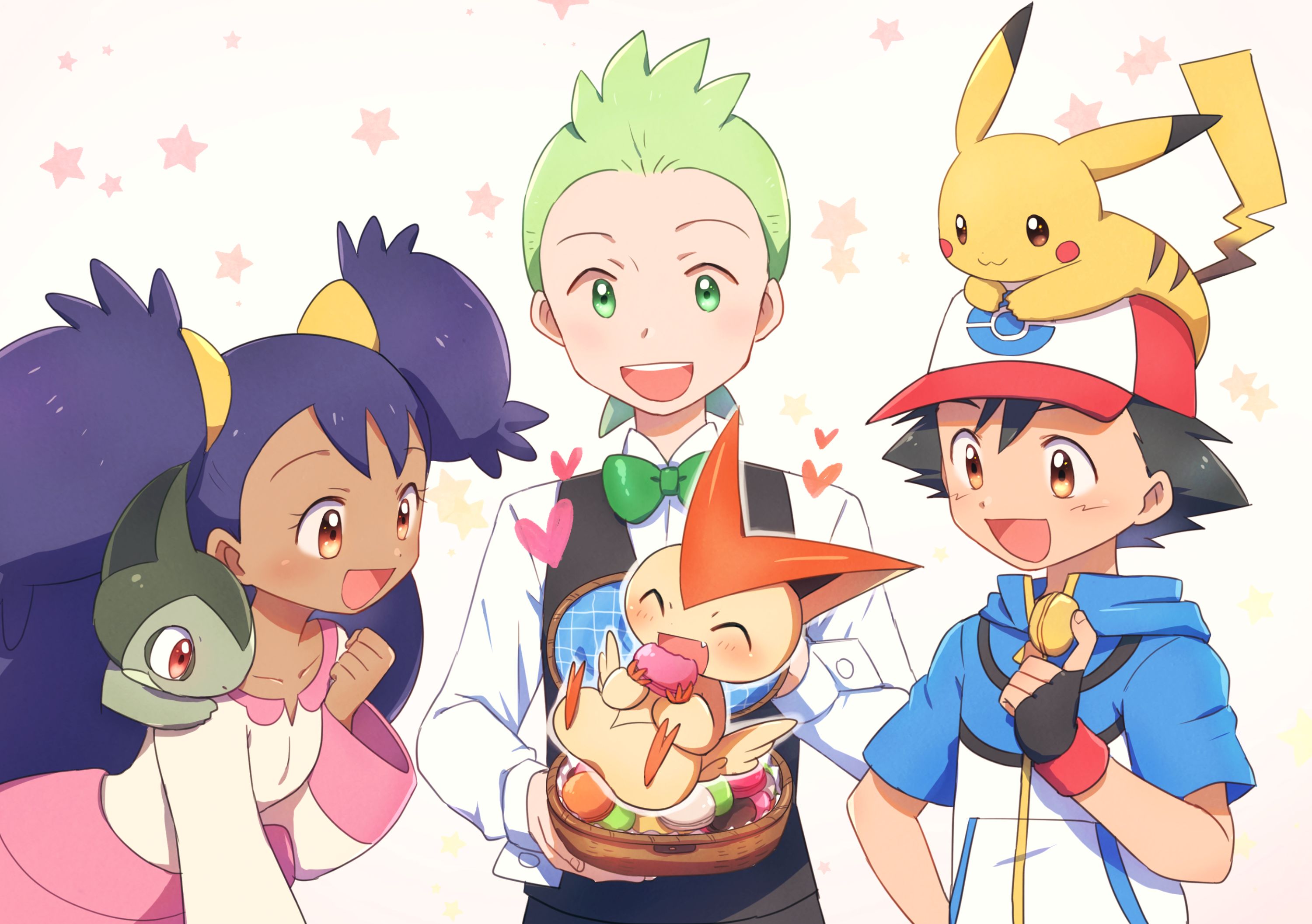 iris (pokémon), anime, pokémon, ash ketchum, axew (pokémon), brown eyes, cilan (pokémon), green eyes, pikachu, victini (pokémon) phone wallpaper